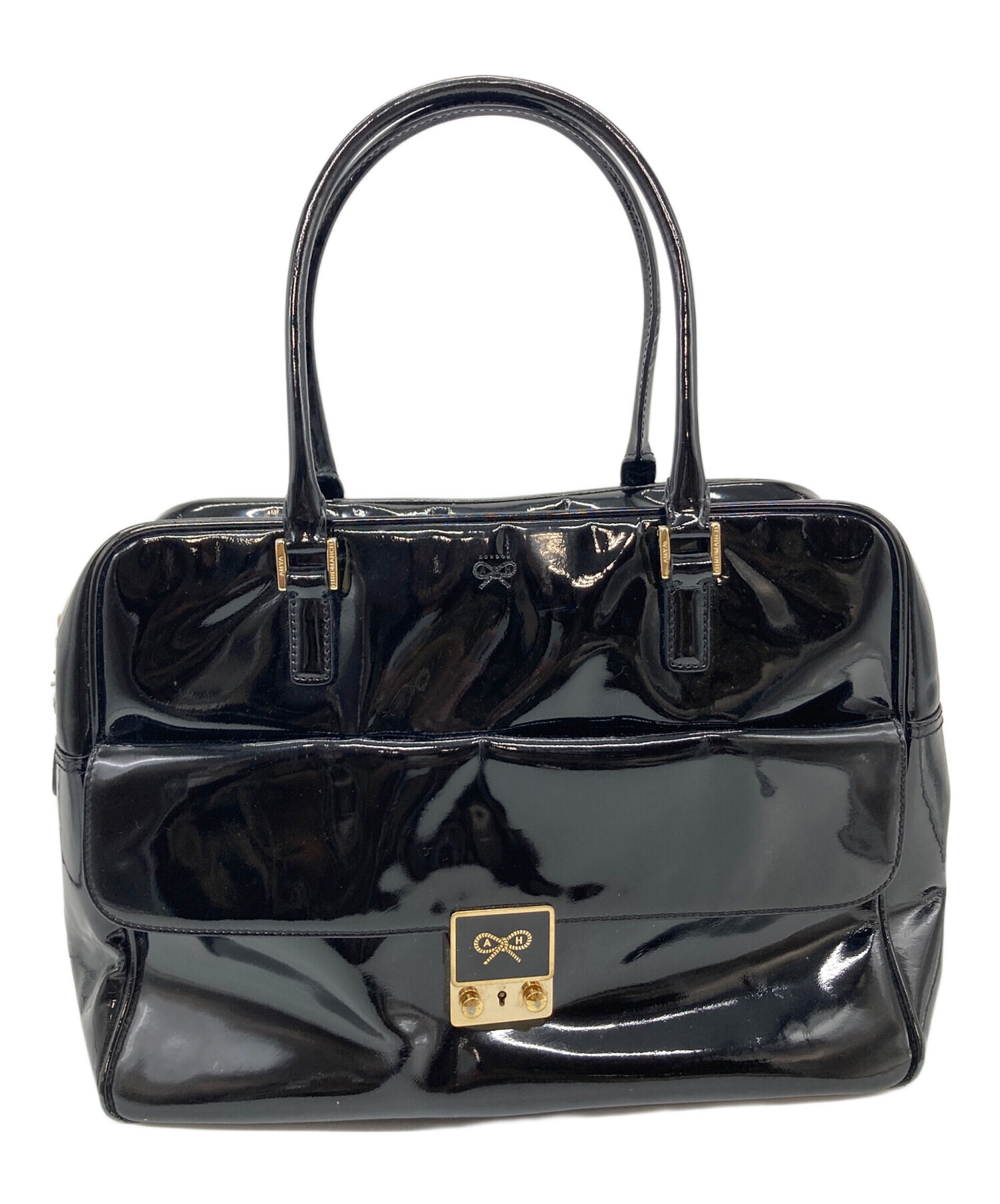 美品　Anya Hindmarch エナメルトートバッグ ブラック 中古・古着通販】ANYA HINDMARCH (アニヤ・ハインドマーチ) カーカー