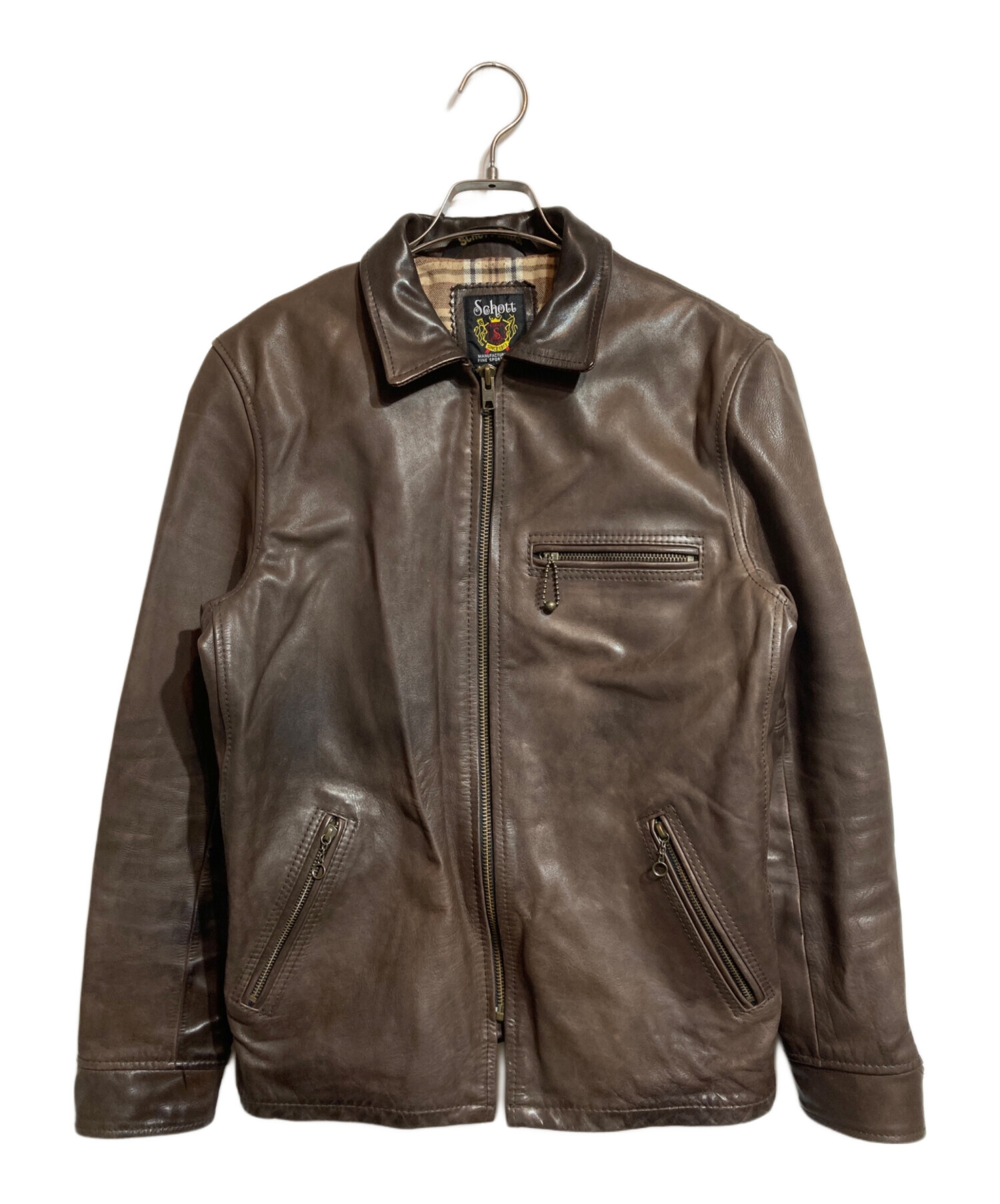 ショットSCHOTTレザーシングルライダースジャケットブラウン本革ヴィンテージ 中古・古着通販】Schott (ショット) カウレザーシングルライダース