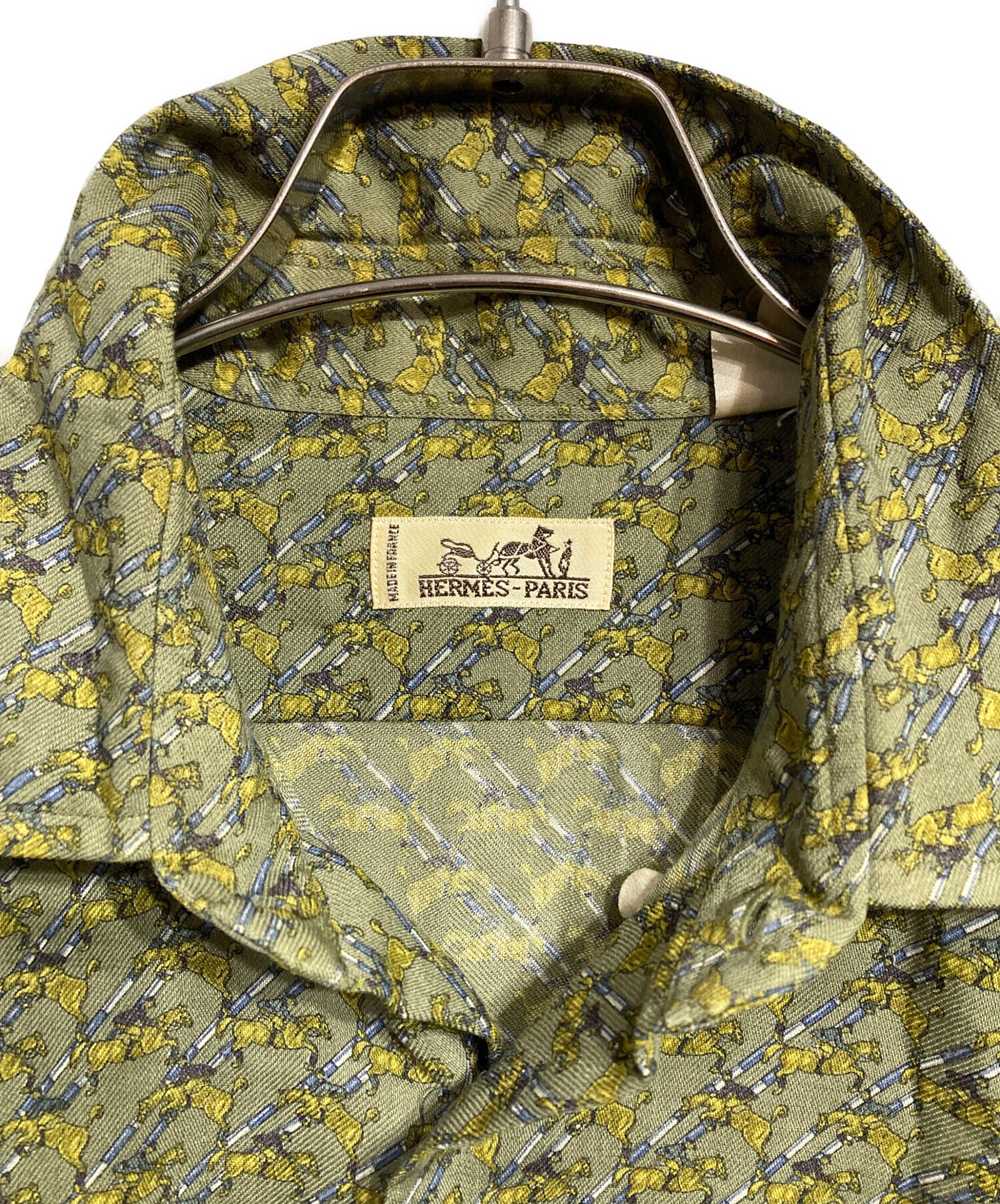 HERMES PARIS 長袖　シャツ　フランス製　黄緑　シルク　サイズ42 中古・古着通販】HERMES (エルメス) セリエボタン総柄ウールシャツ