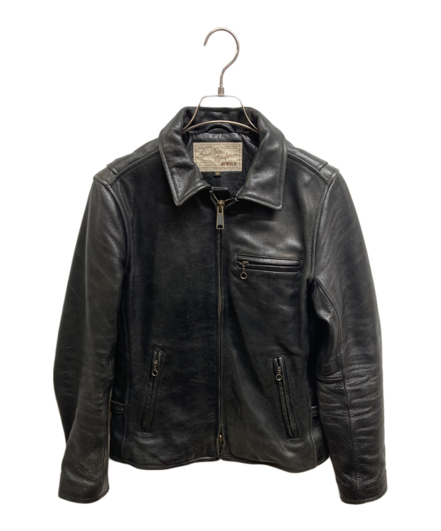 【良品】アヴィレックス カウレザートラッカージャケット ブラック 中古・古着通販】AVIREX (アヴィレックス) カウレザー トラッカー