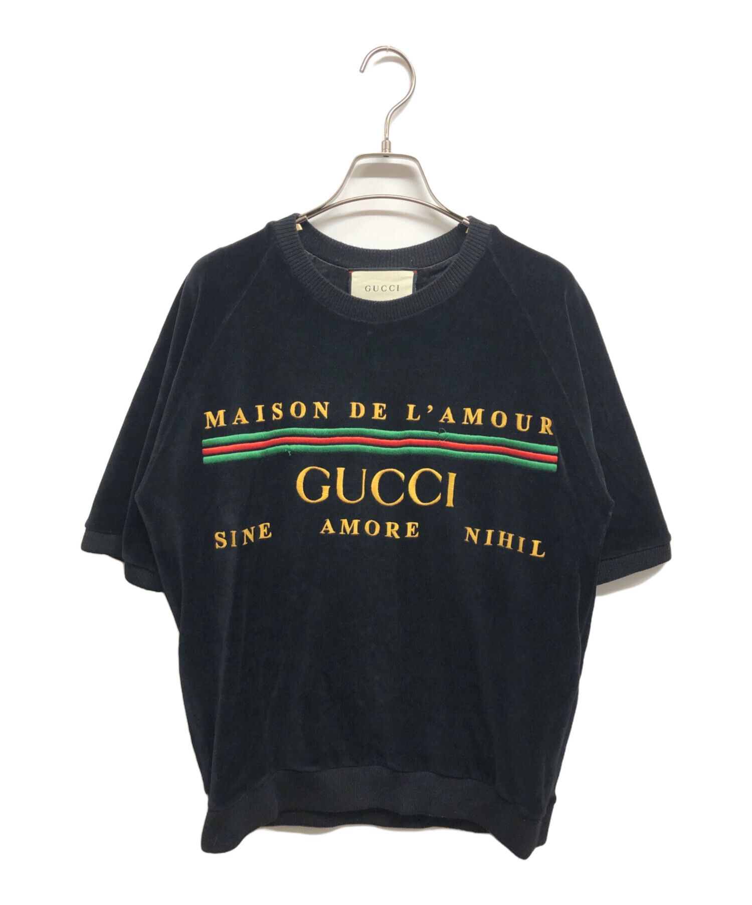 GUCCI ベロア生地 カットソー 長袖 ロゴ刺繍 ブラック 中古・古着通販】GUCCI (グッチ) ベロアロゴTシャツ ブラック サイズ