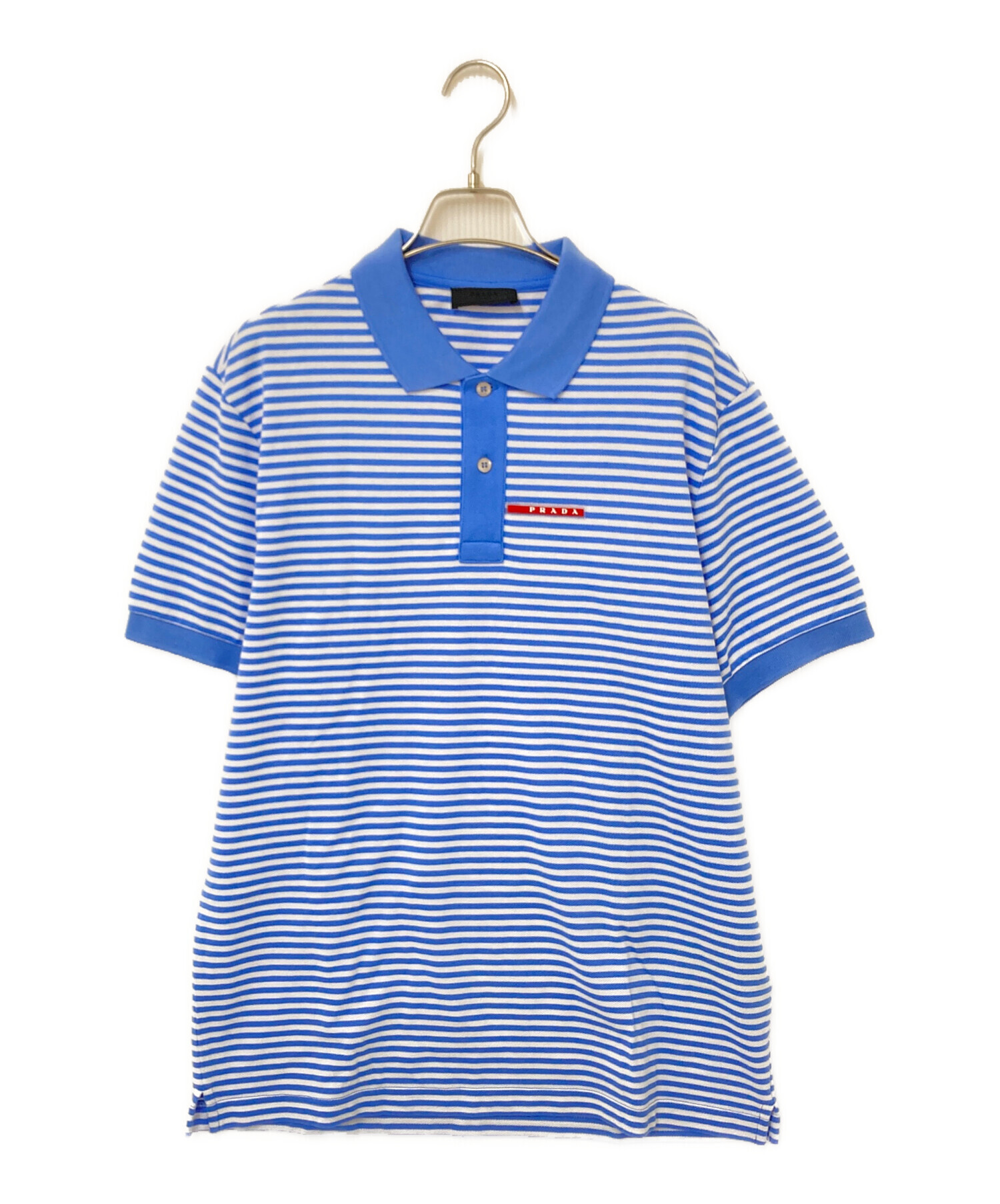 PRADA ブルーポロシャツ 中古・古着通販】PRADA (プラダ) ボーダーポロシャツ ブルー サイズ:L