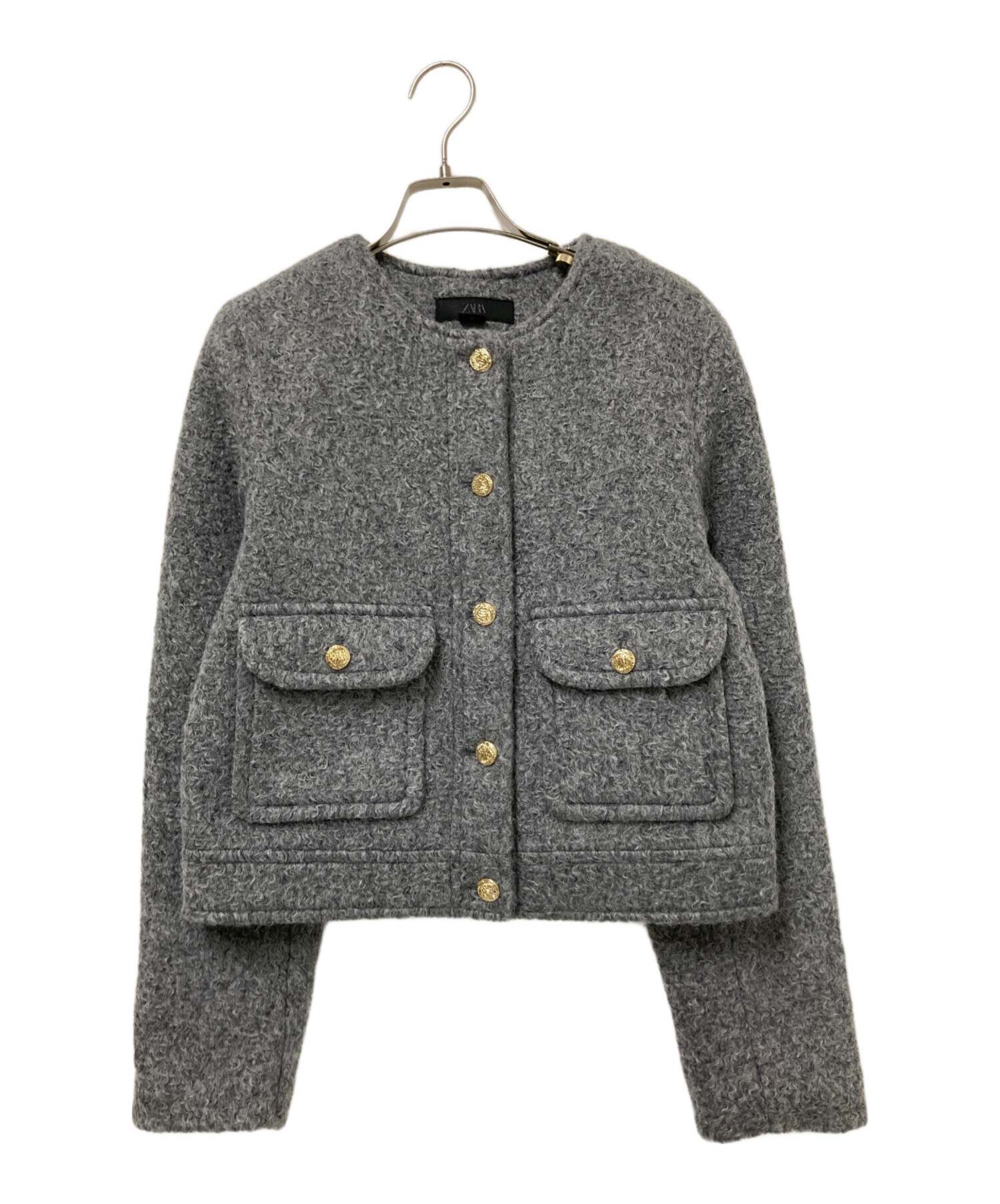 ZARA グレー ノーカラージャケット 中古・古着通販】ZARA (ザラ) ノーカラージャケット グレー サイズ:XS