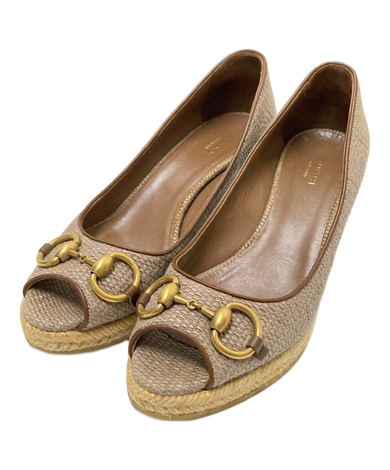 最終お値下げ　GUCCI ミュール 37C ベージュ・ブラウン 中古・古着通販】GUCCI (グッチ) オープントゥウェッジソール ブラウン