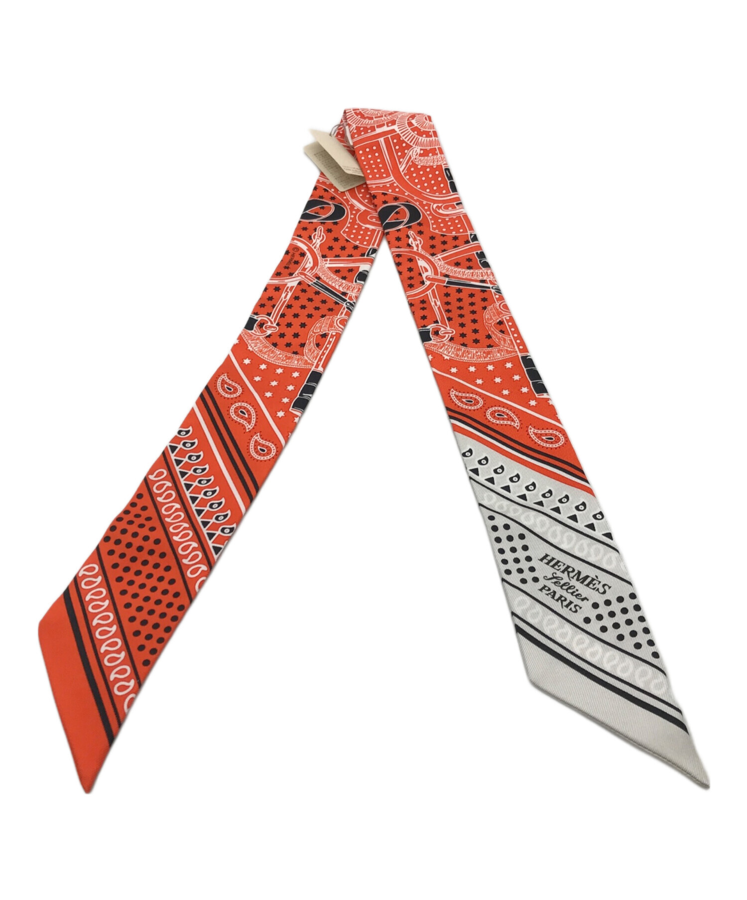 美品『エルメス』ツイリー シルク100％ オレンジ×ホワイト 棒スカーフ 中古・古着通販】HERMES (エルメス) ツイリー シルクスカーフ