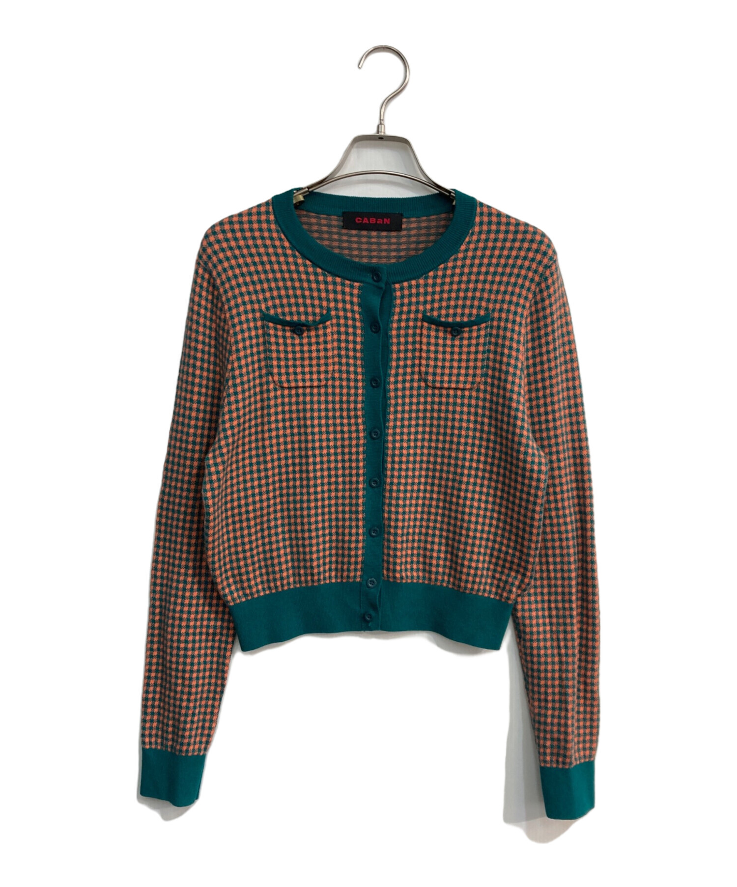 CABaNコットンカシミヤ カーディガン グリーン×オレンジ ギンガム