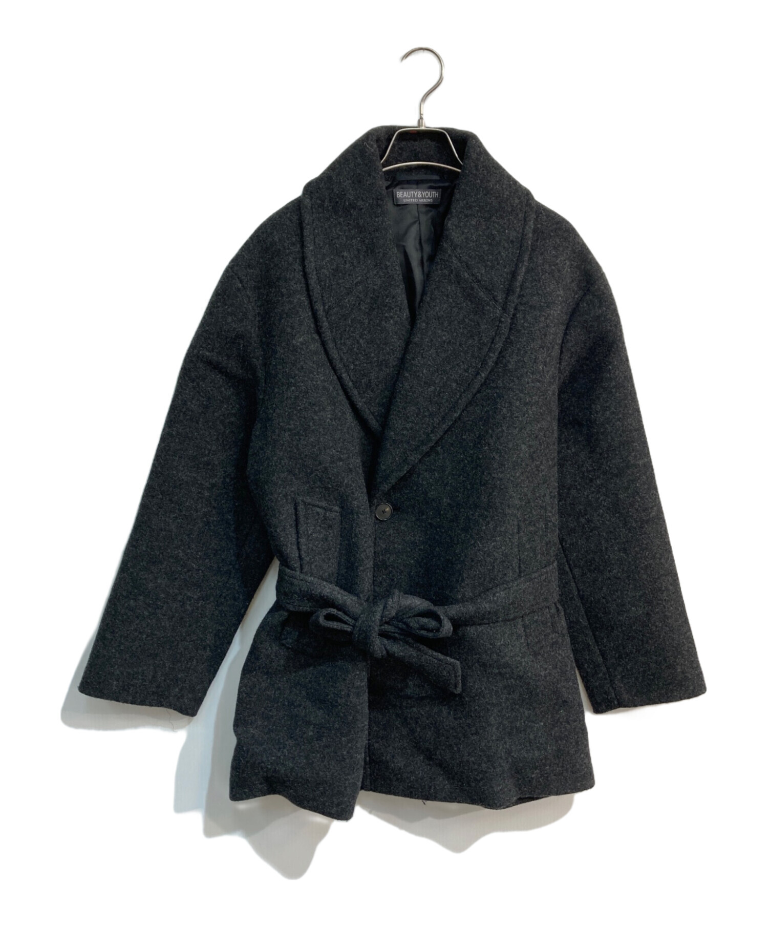 美品 ユナイテッドアローズ ロングコート ショールカラー ベルト アンゴラ 黒 UNITED ARROWS》Wショールラップコート グレー ユナイテッドアローズ