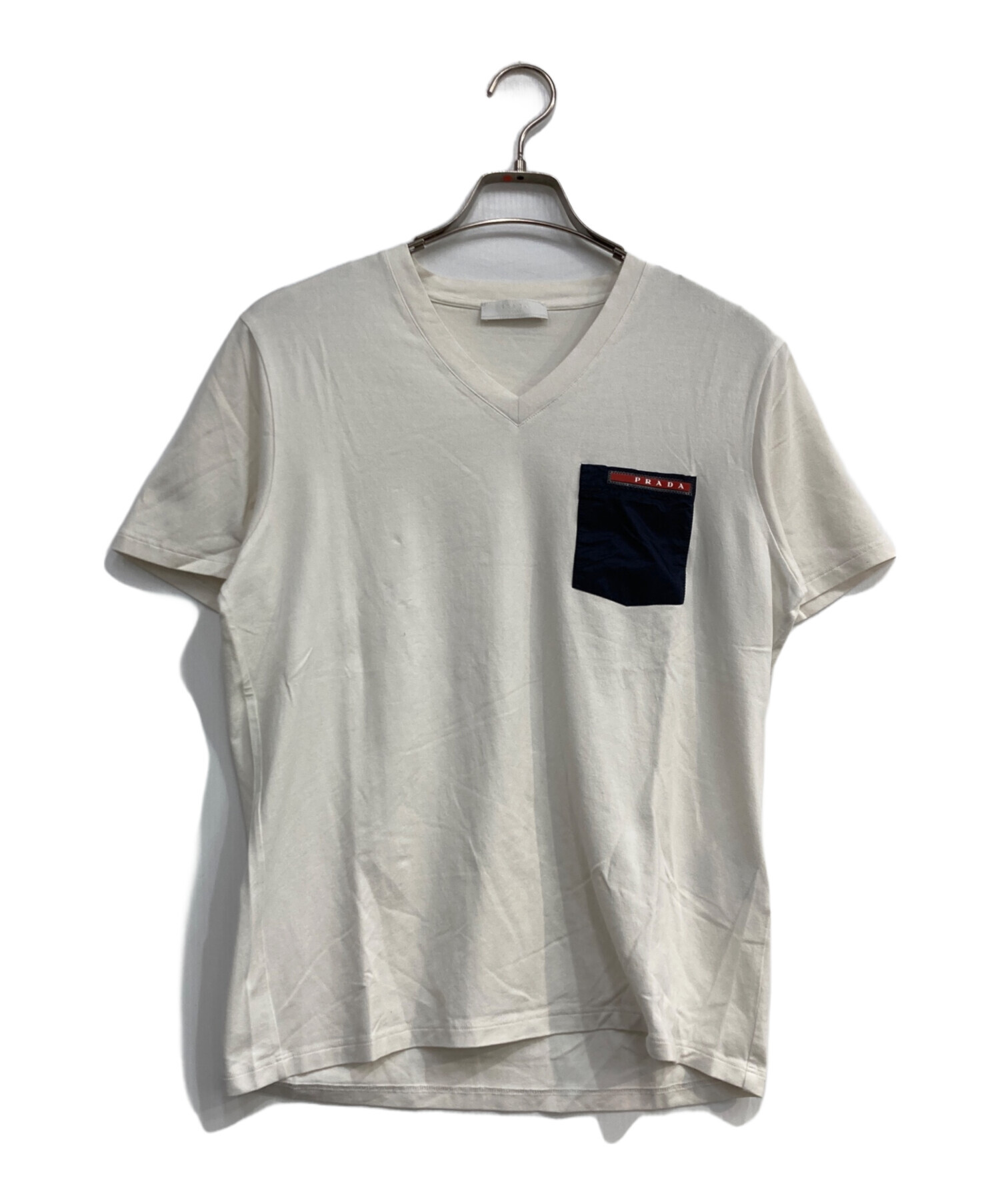 中古・古着通販】PRADA (プラダ) Vネックロゴ半袖Tシャツ ホワイト