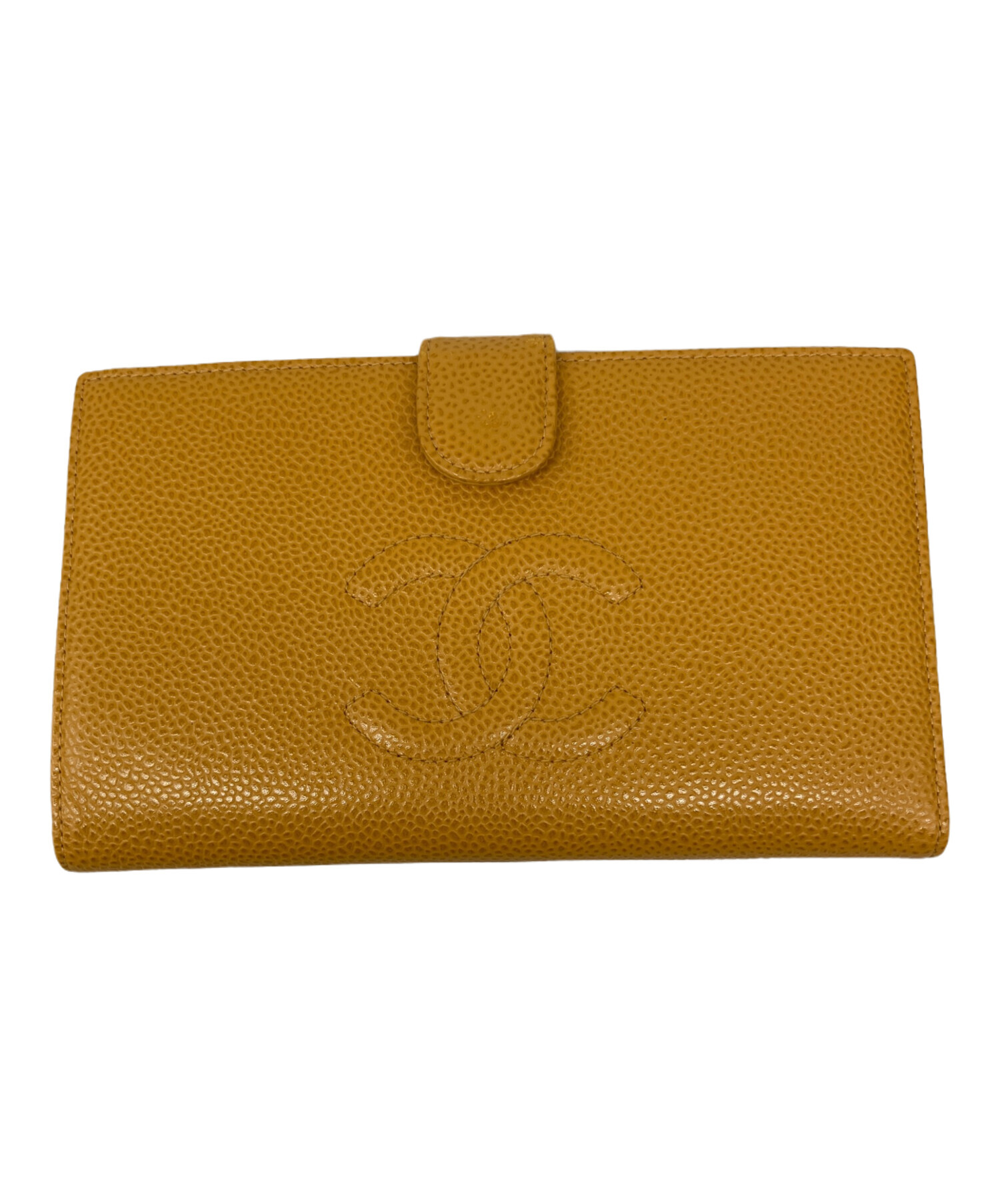 CHANEL　シャネル 　キャビアスキン　二つ折り財布 ココマーク イエロー 中古・古着通販】CHANEL (シャネル) ココマーク 二つ折がま口長財布
