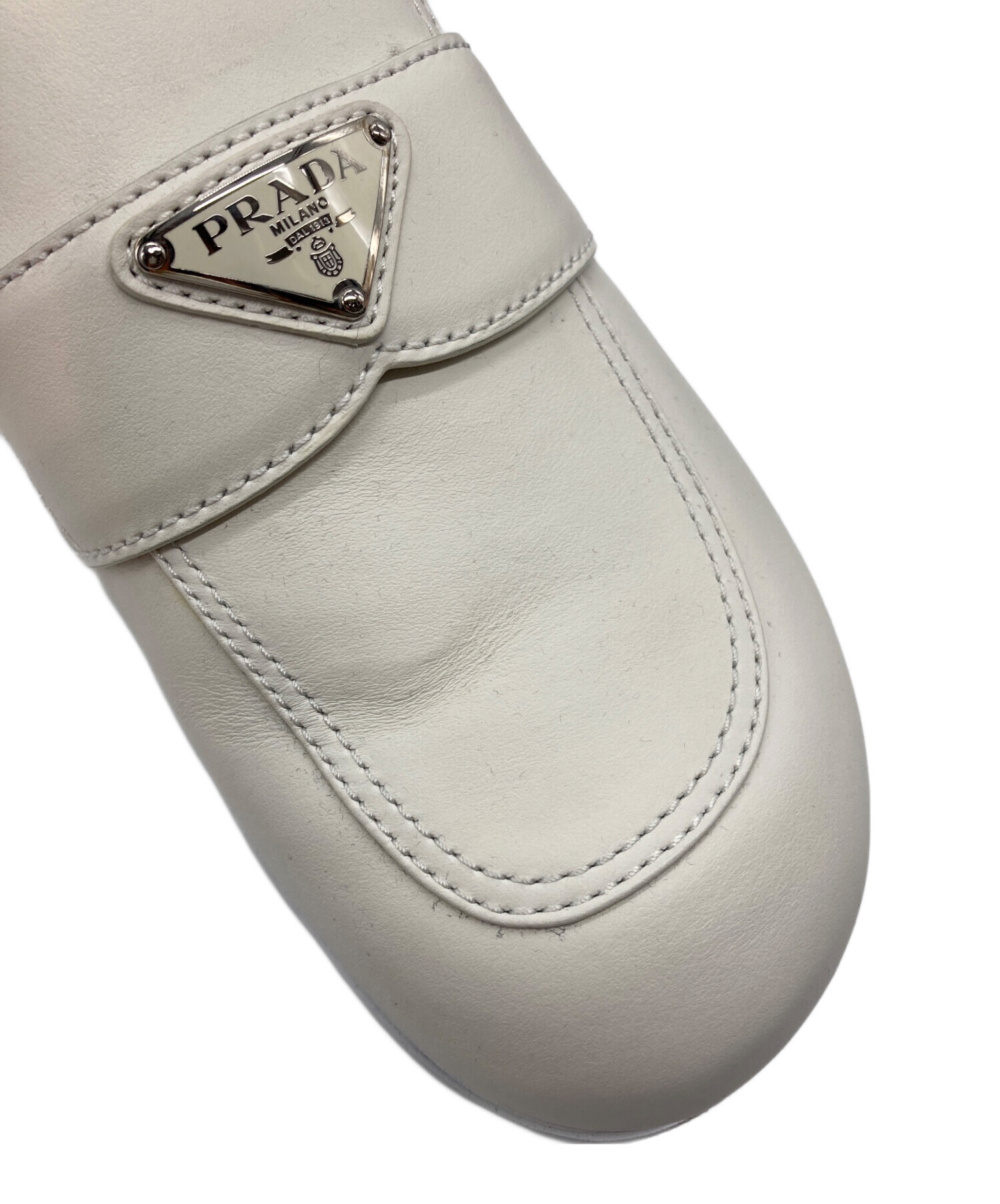 本物 アウトレット PRADA レザーウッドデザイン ロゴ ミュール 白 24.5cm