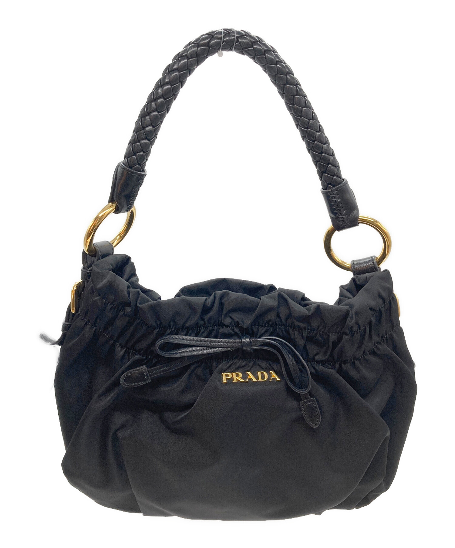 PRADA リボン付き 黒 レザー ハンドバッグ