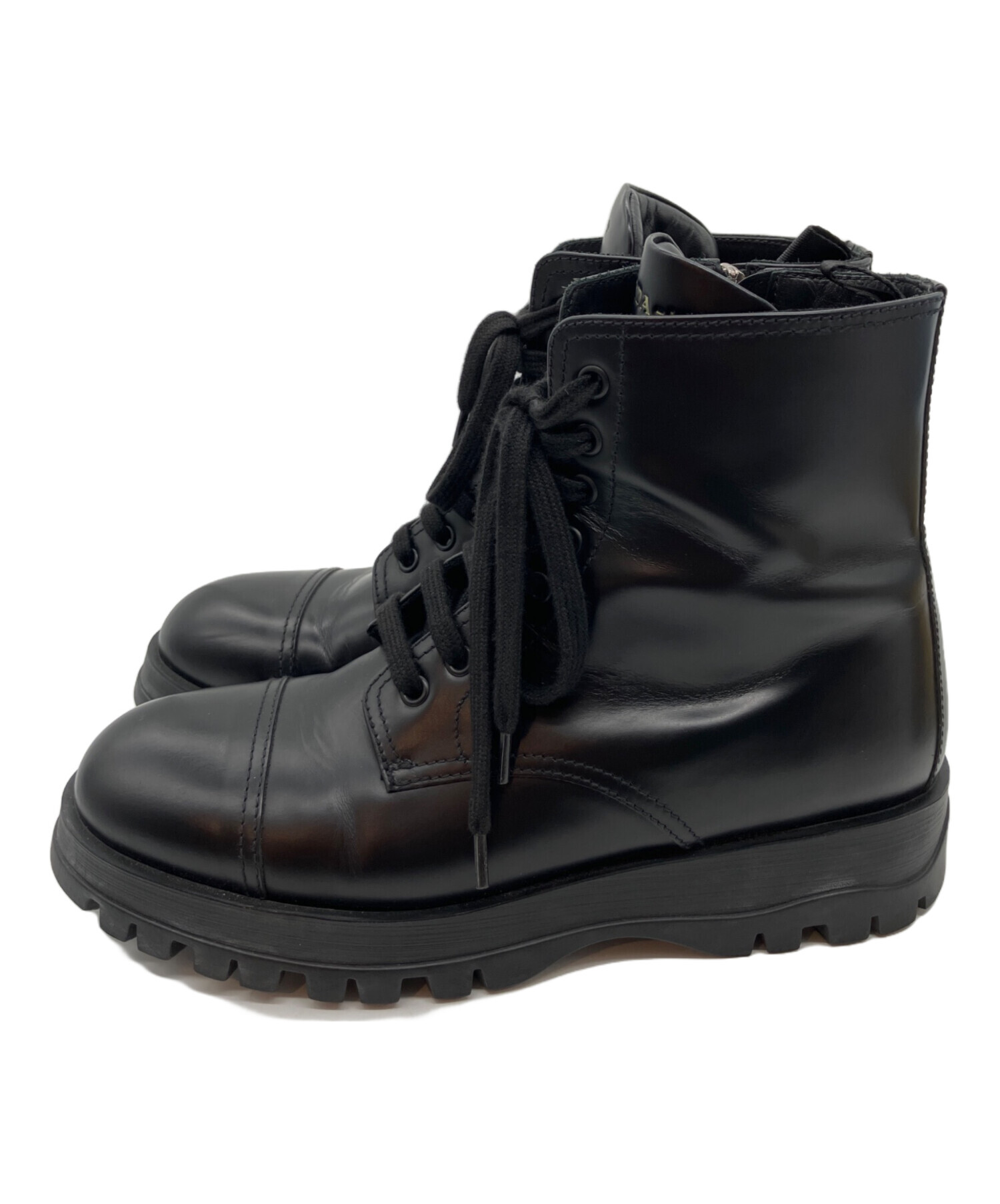 PRADA ブーツ サイドジップ レースアップ レザー ブラック 37 中古・古着通販】PRADA (プラダ) サイドジップレースアップブーツ