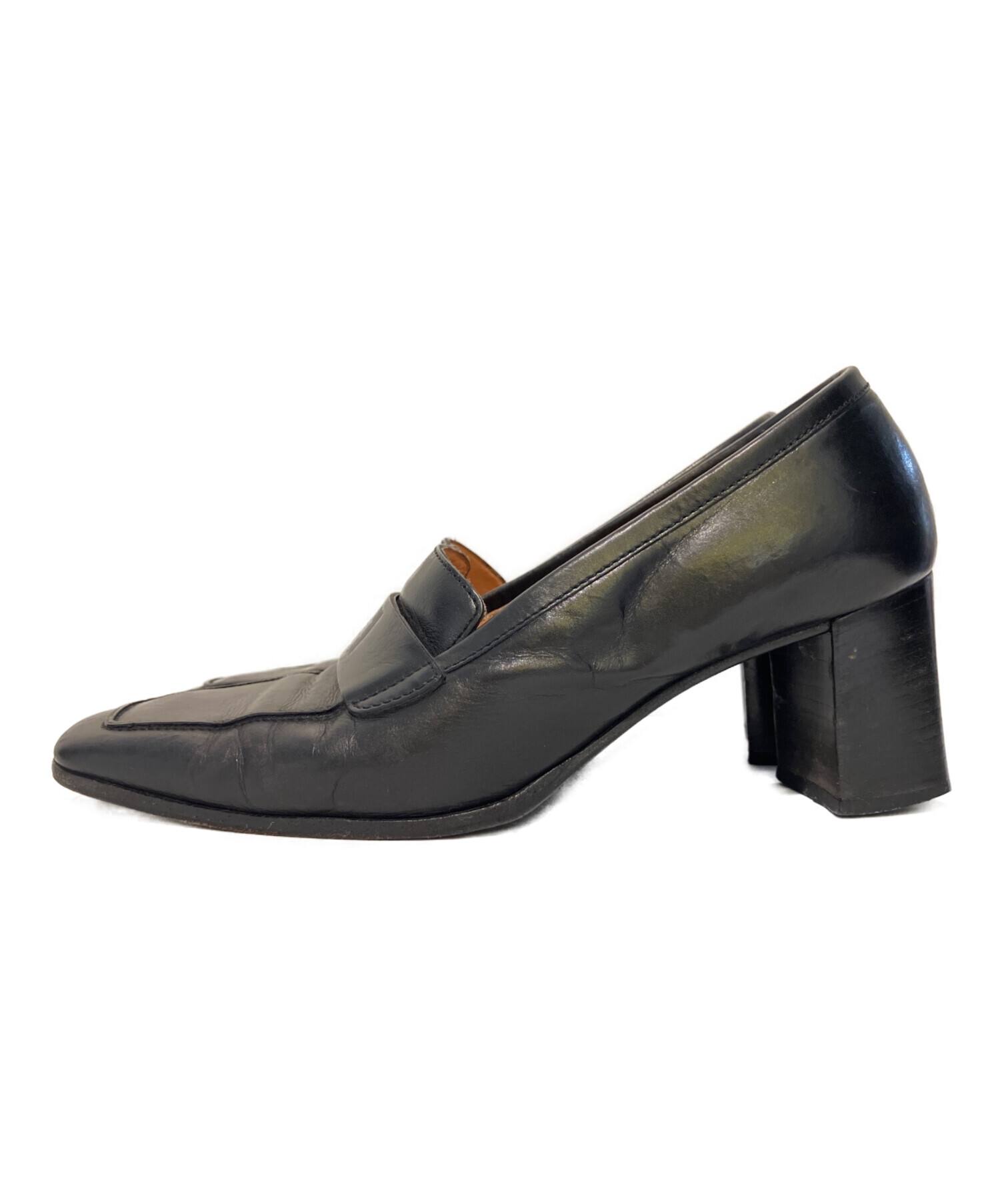 HERMES ブラックエナメル ローファー 中ヒール 中古・古着通販】HERMES (エルメス) スクエアトゥヒールローファー
