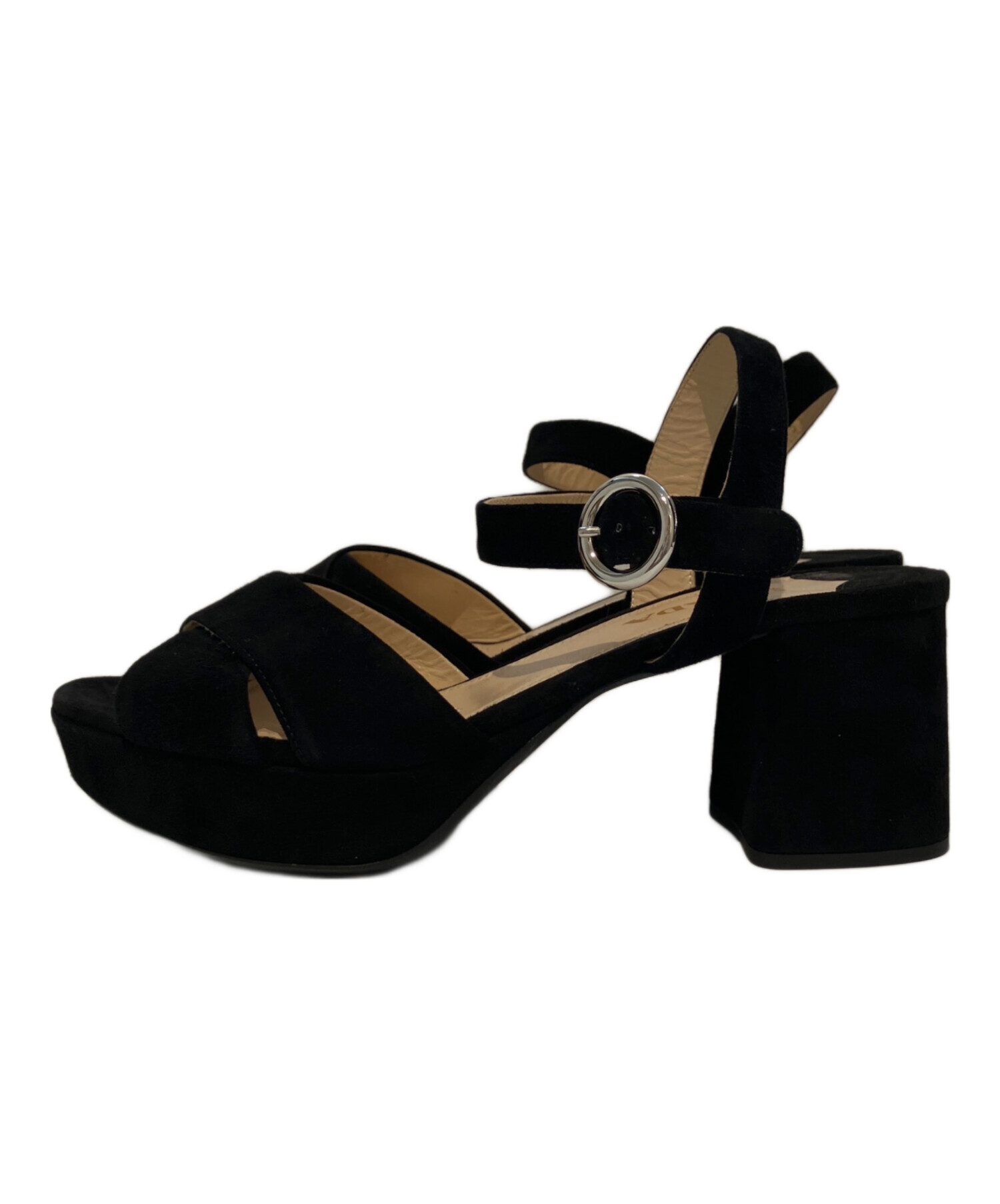 美品✨ PRADA プラダ 太ヒール プラットフォームサンダル スエード 黒 中古・古着通販】PRADA (プラダ) プラットフォームサンダル ブラック