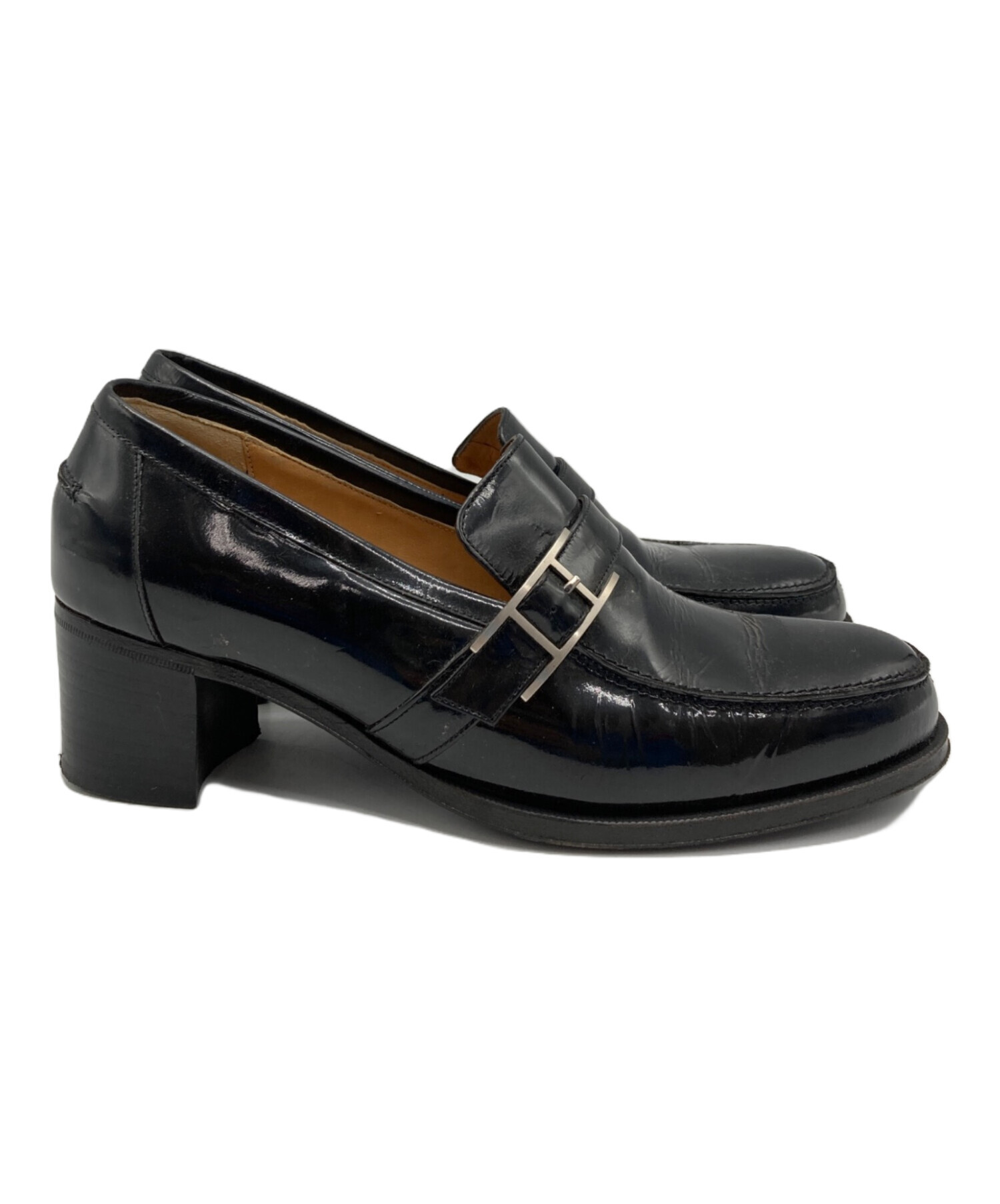 HERMES ブラックエナメル ローファー 中ヒール 中古・古着通販】HERMES (エルメス) Hロゴエナメルモカシンローファー