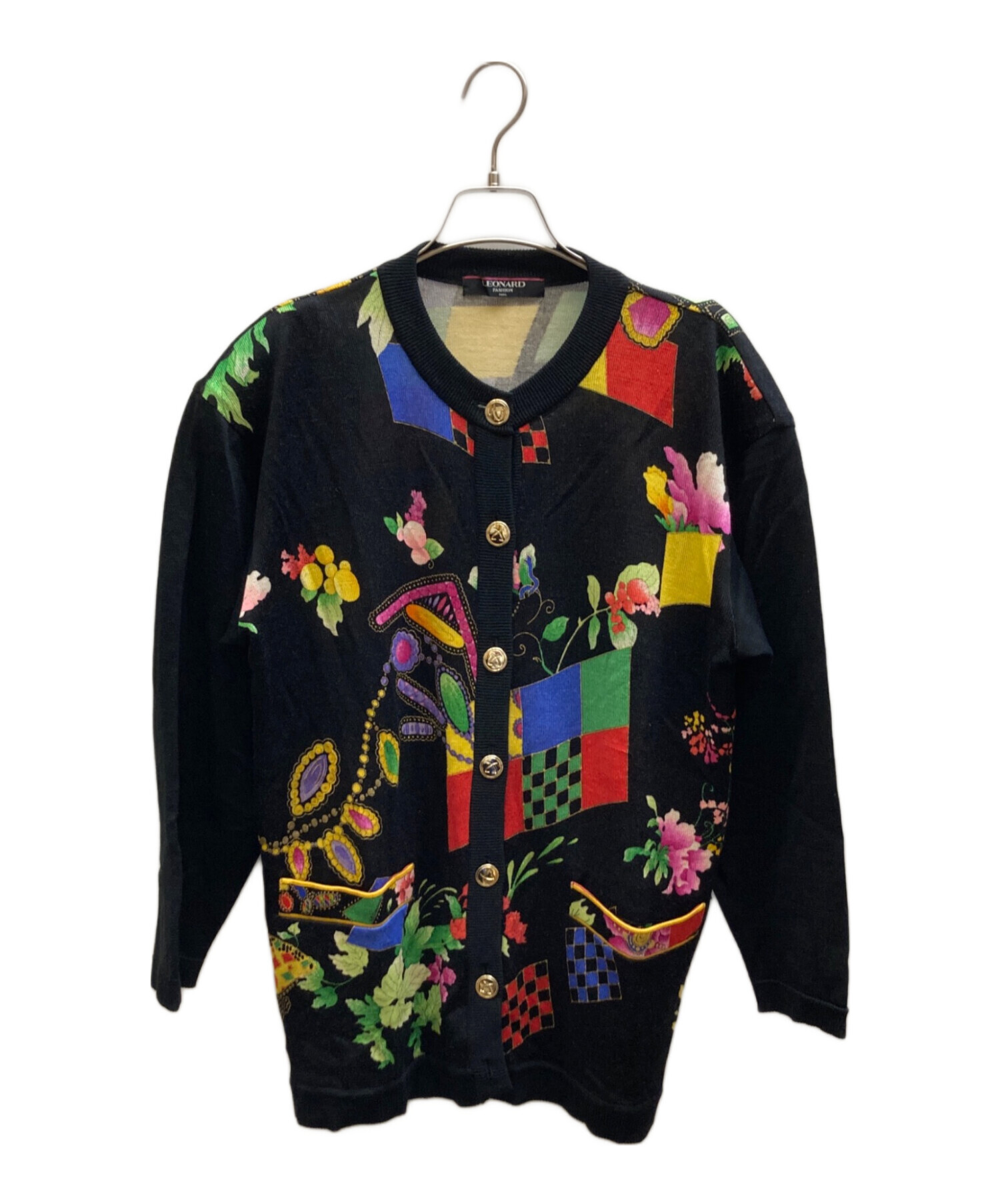 中古・古着通販】LEONARD (レオナール) 総柄丸首カーディガン ブラック