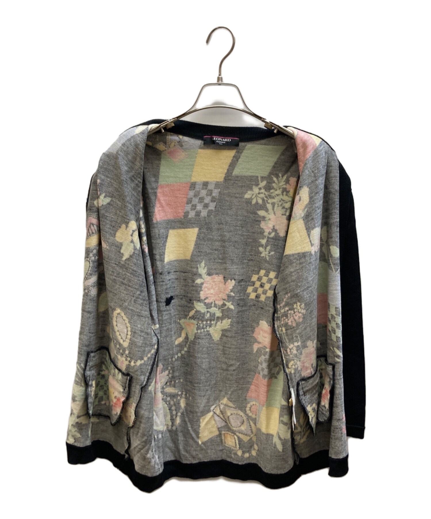 LEONARD レオナール クルーネックカーディガン 44 大きいサイズ 中古・古着通販】LEONARD (レオナール) 総柄丸首カーディガン ブラック