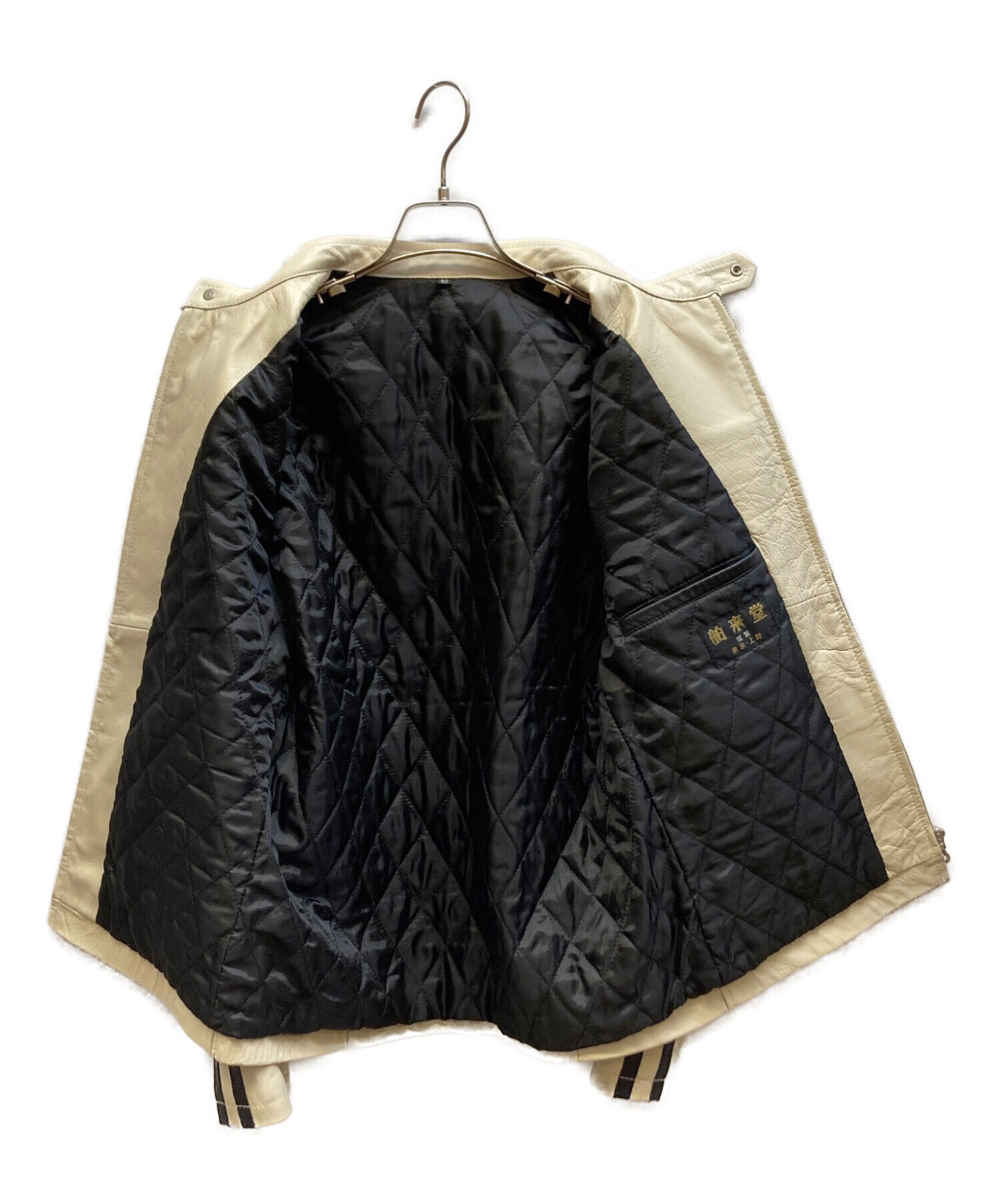 舶来堂 レザージャケット キルティング 牛革 42 XL シングルレザー 黒 中古・古着通販】舶来堂 (ハクライドウ) シングルライダースジャケット