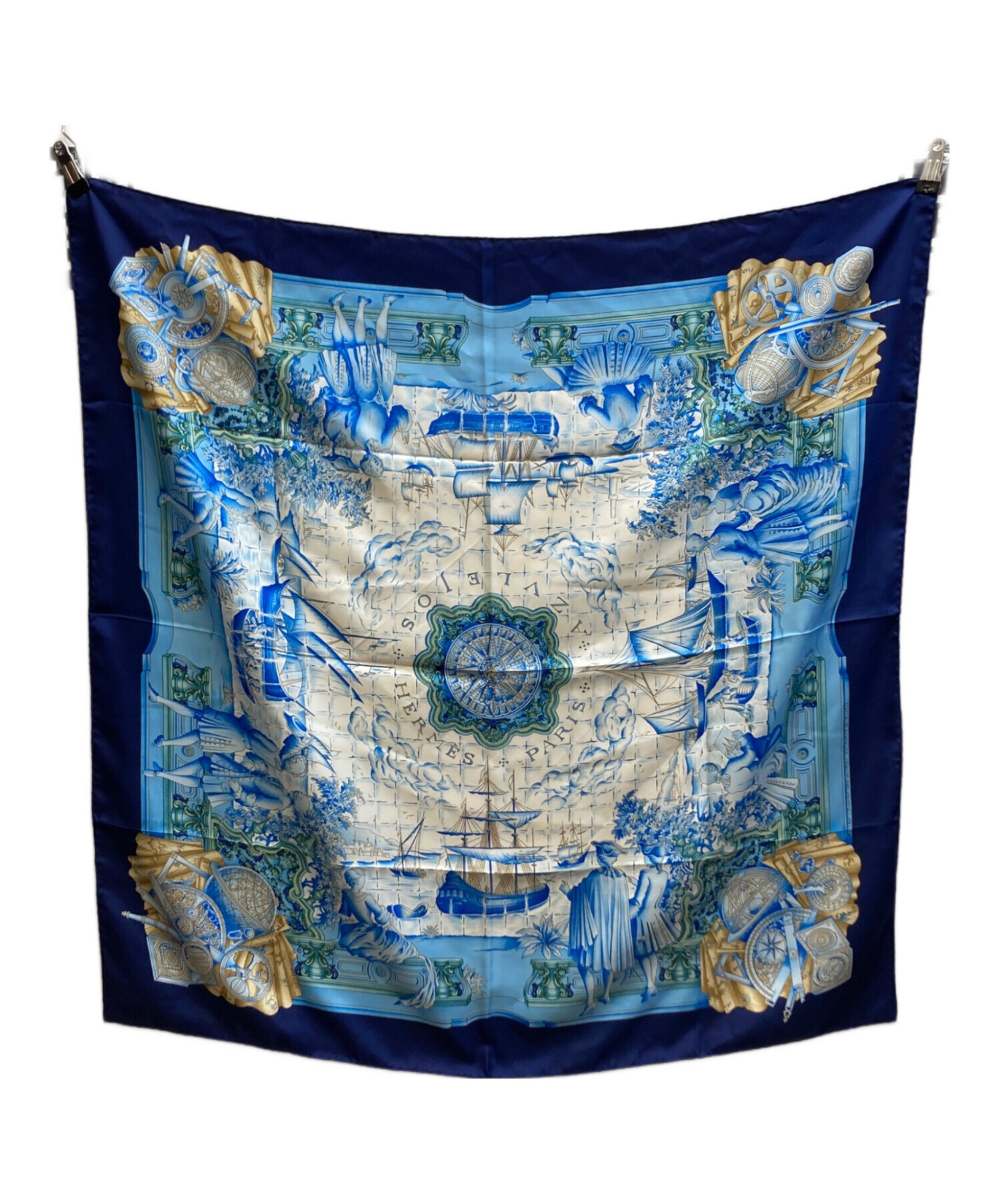 HERMES カレ90 CLIPS スカーフ ブルー シルク 中古・古着通販】HERMES (エルメス) カレ90 アズレージョシルク