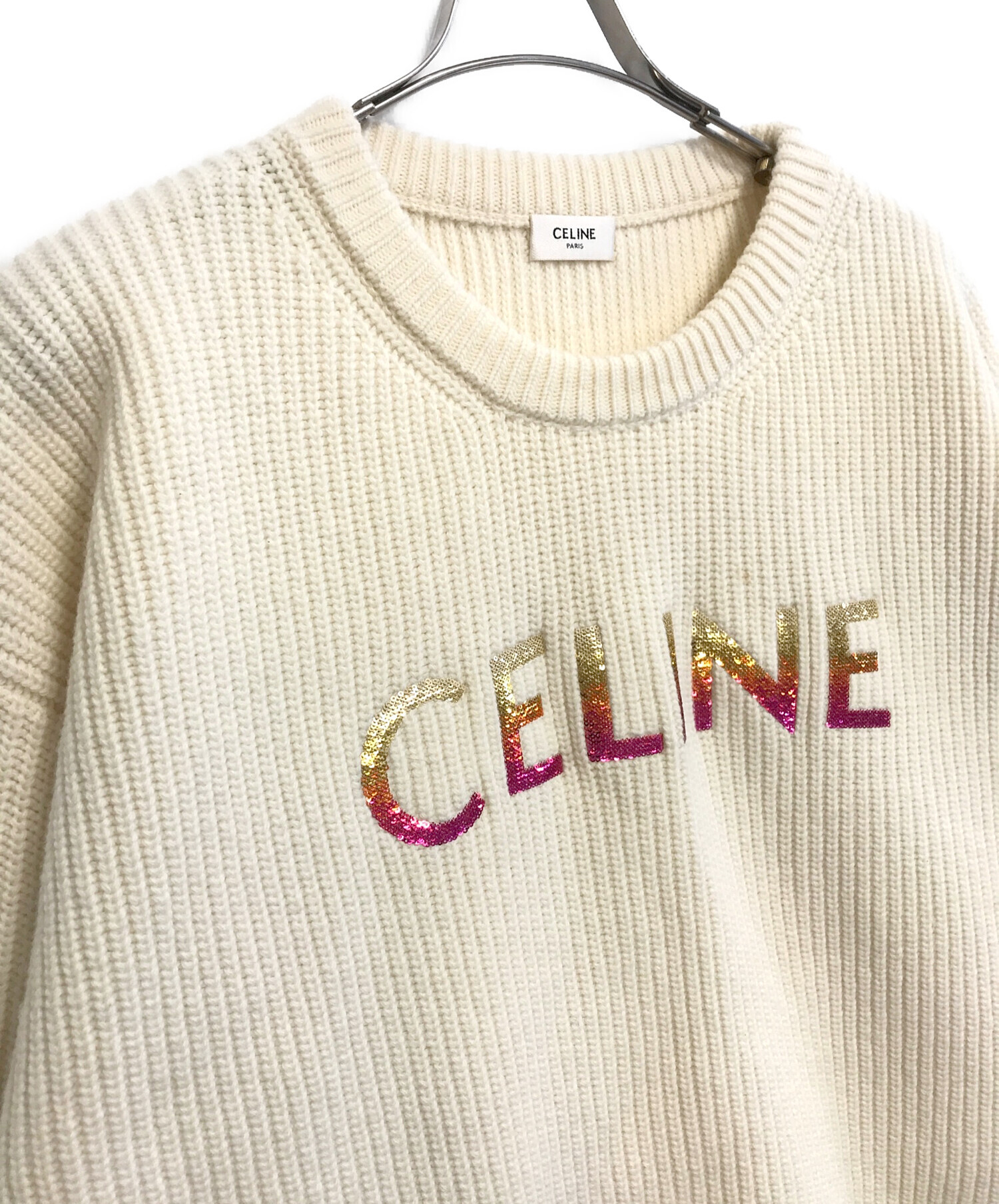 中古・古着通販】CELINE (セリーヌ) スパンコールロゴニット ベージュ