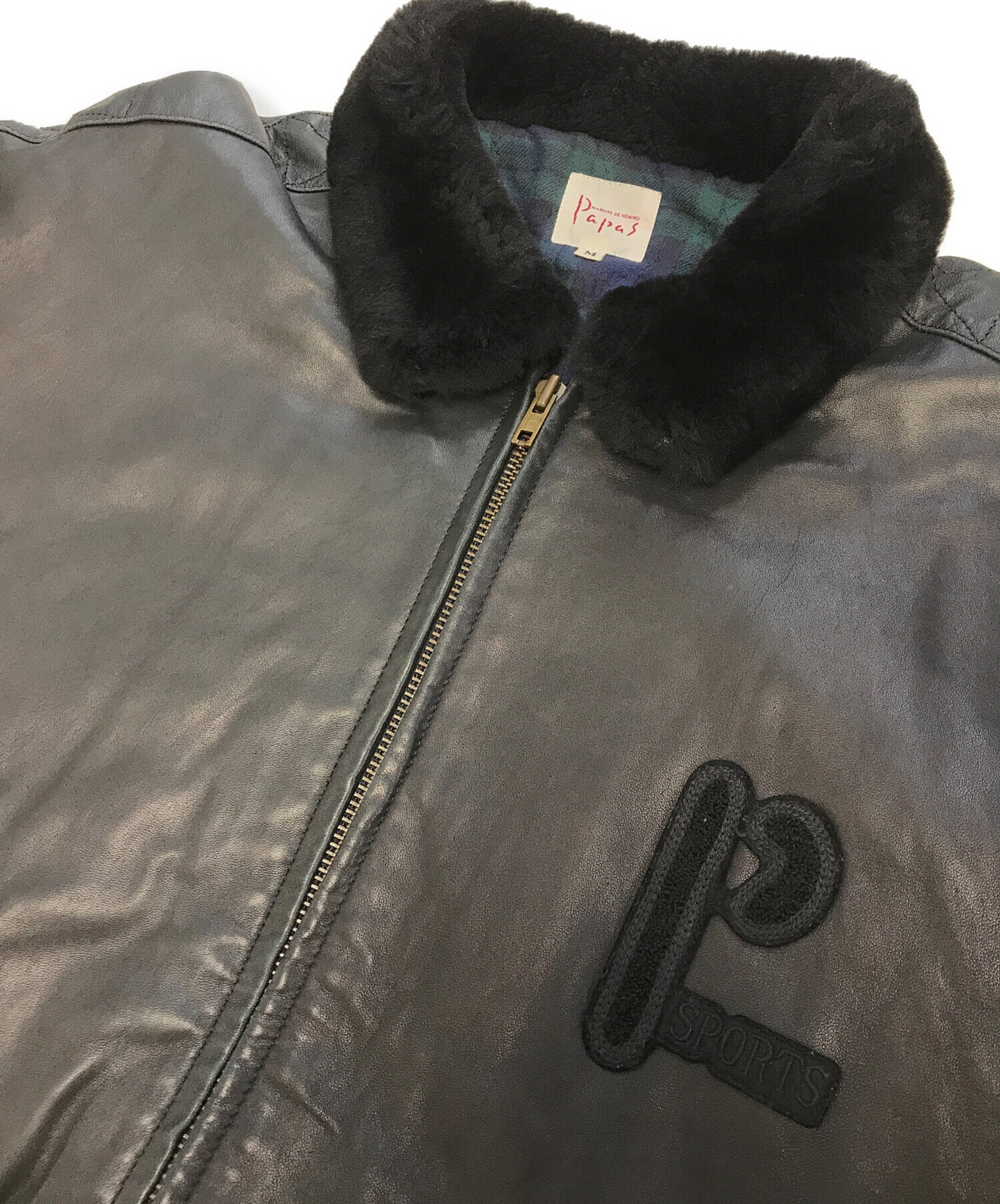 中古・古着通販】PAPAS (パパス) 襟ボアレザージャケット ブラック