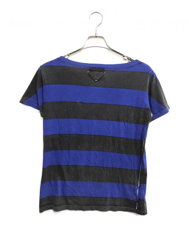 【新品未使用】PRADA プレートロゴ ボーダーTシャツ S タグ付き 中古・古着通販】PRADA (プラダ) ボーダーTシャツ ブルー サイズ:XS