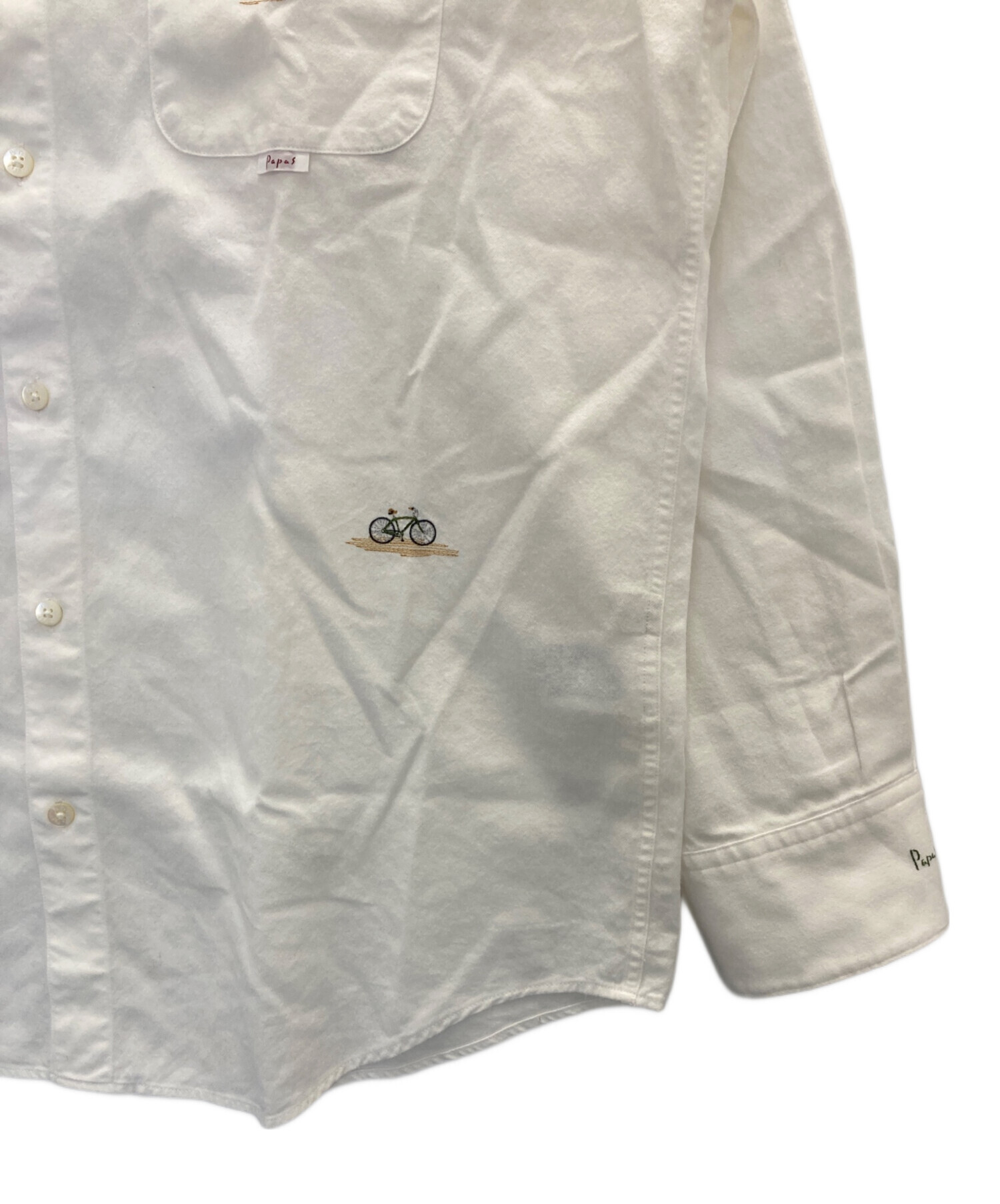 パパス ホワイト 長袖シャツ ロゴ刺繍付き パパス Papas ボタンダウン