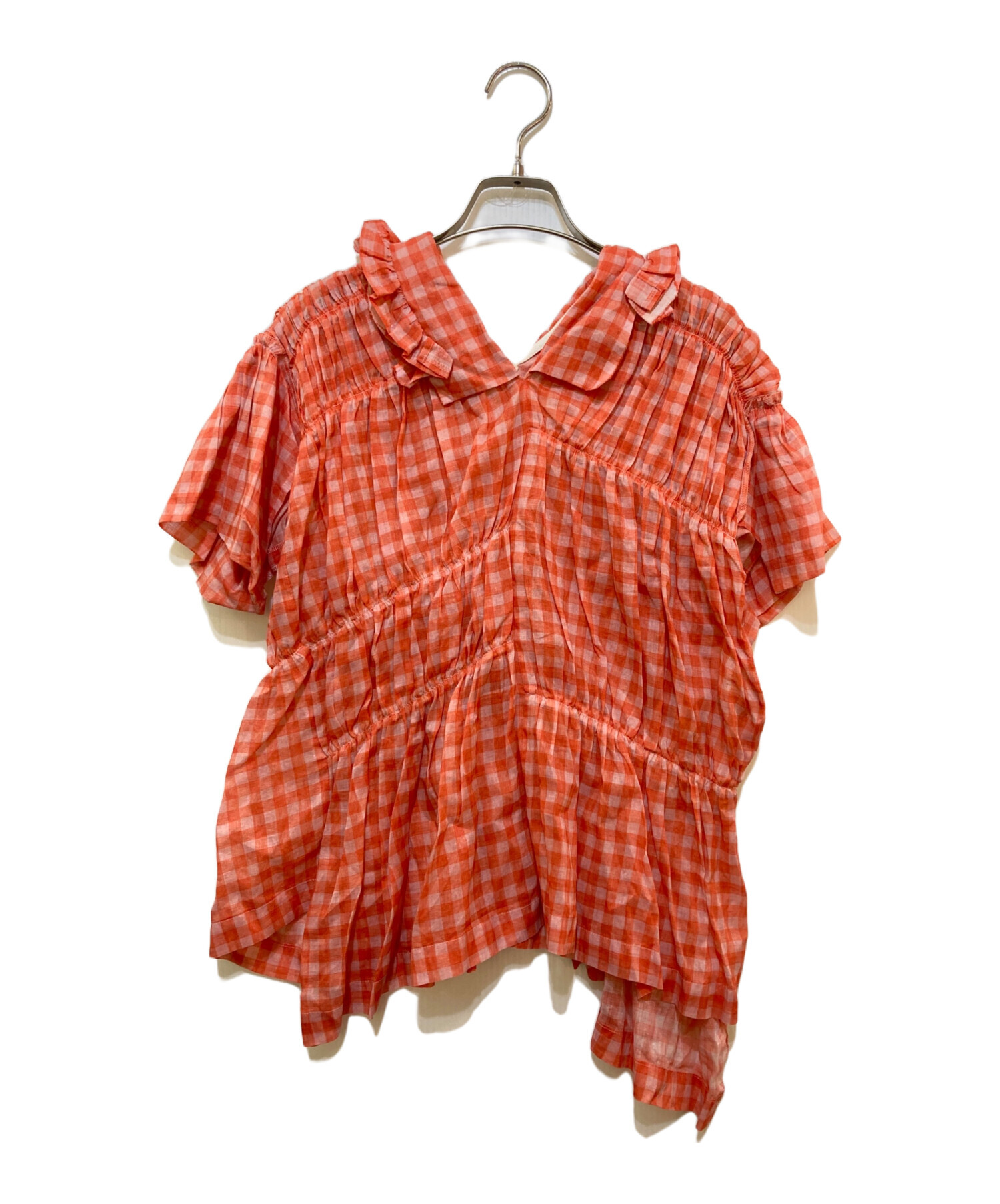 ギャルソン 05AW チェック柄 丸襟 シャーリングデザイン 変形 ブラウス