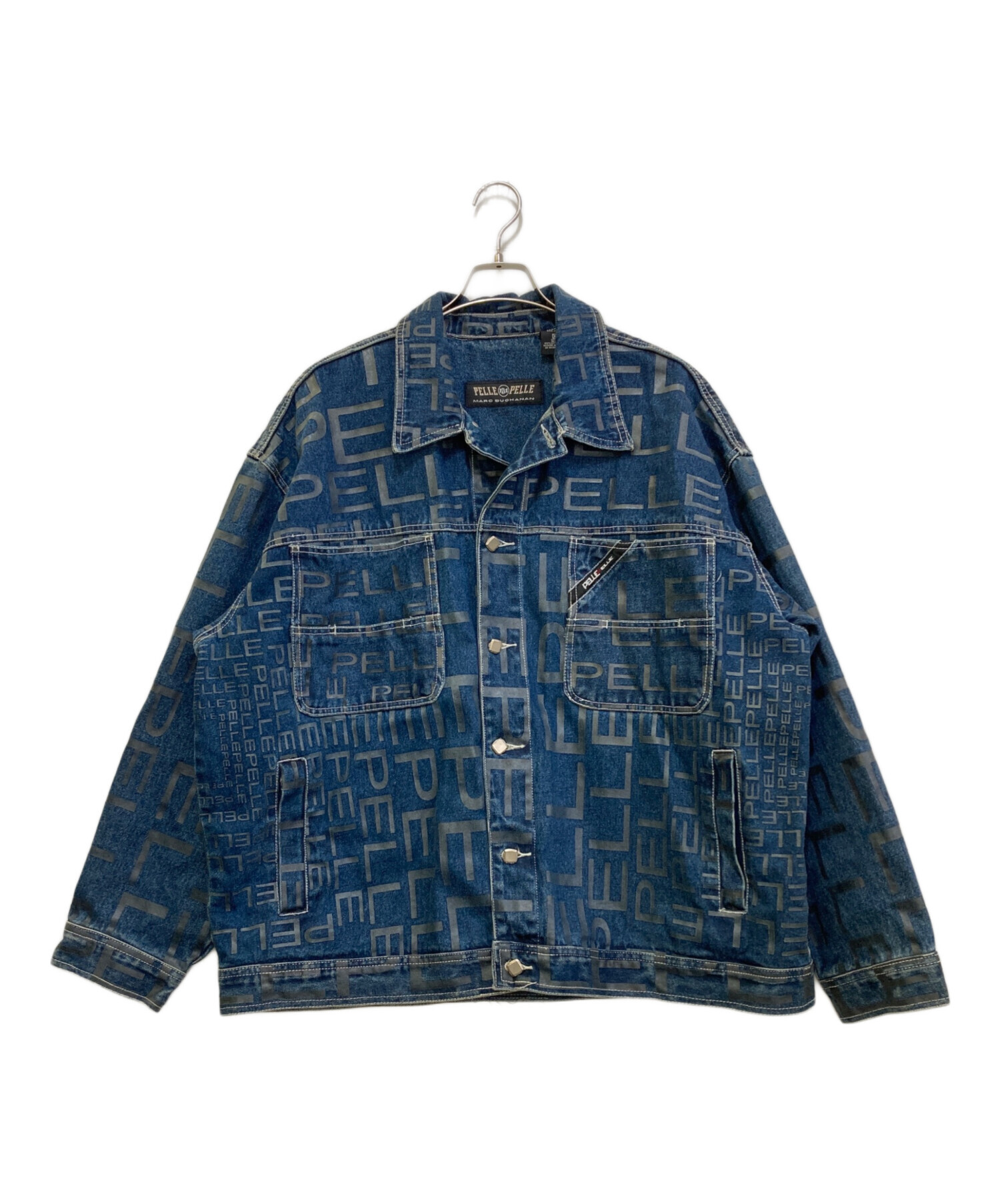 PELLE PELLE 総柄 デニムジャケット フード付き 中古・古着通販】pellepelle (ペレペレ) 総柄デニムジャケット ブルー