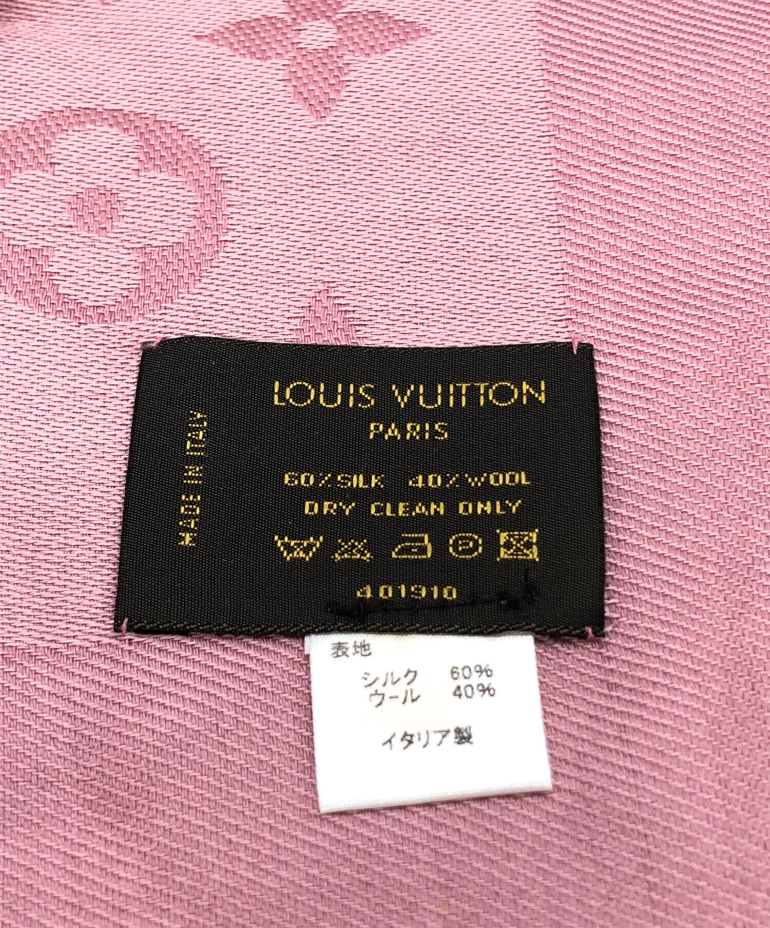 【美品】  Louis Vuitton / ルイヴィトン | イタリア製 シルク ウール モノグラム ジャガード 刺繍 フリンジ 大判 ストール | ー | ピンク 中古・古着通販】LOUIS VUITTON (ルイ ヴィトン) モノグラム シルク