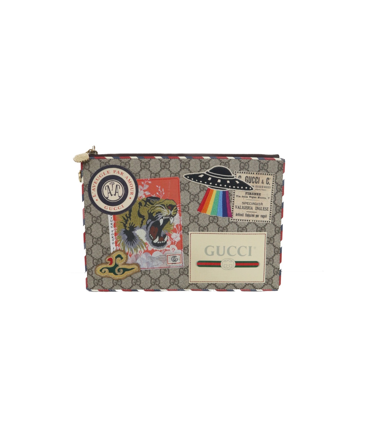 GUCCI (グッチ) ワッペンアップリケPVCクラッチバッグ ベージュ サイズ:下記参照 GGスプリーム GUCCI (グッチ) ワッペンアップリケPVCクラッチバッグ ベージュ サイズ:下記参照 GGスプリーム
