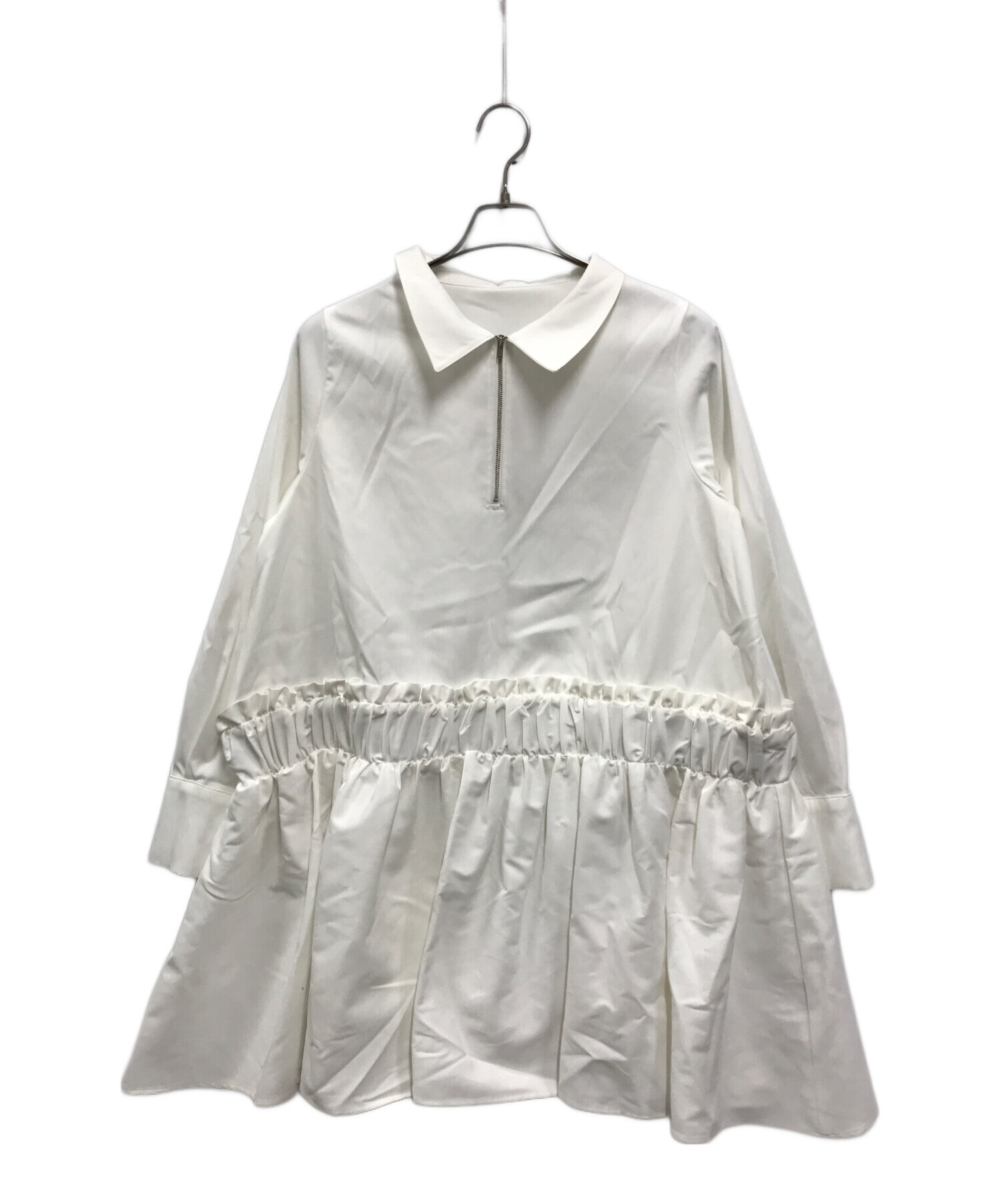 美品 bow.a ボウエー パフスリーブ ワンピース　ホワイト 白 S 中古・古着通販】bow.a (ボウ・エー) HALF ZIP SHIRT ONE-PIECE