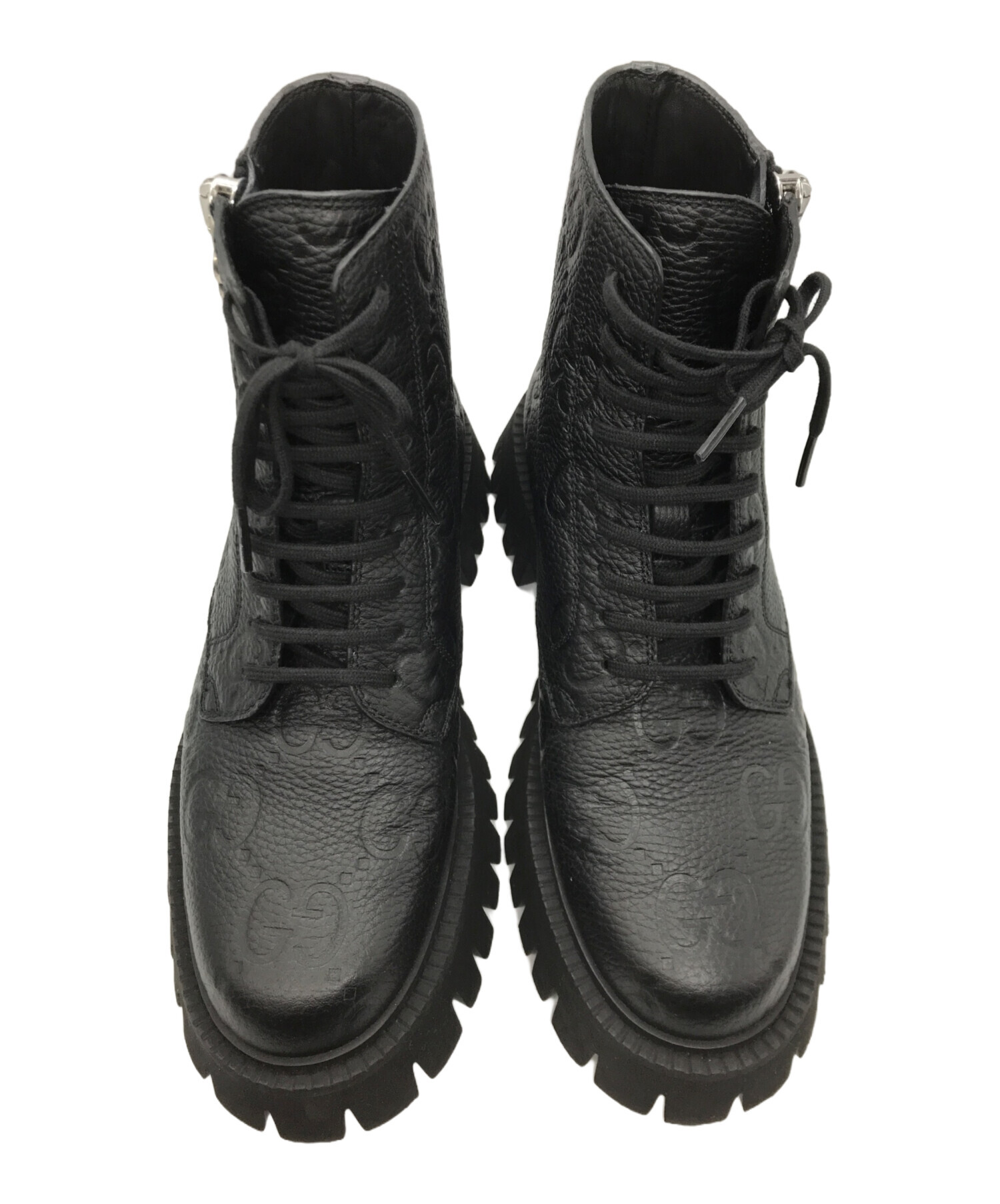 【新品未使用】GUCCI ブラックレザーブーツ GGロゴ付き 中古・古着通販】GUCCI (グッチ) GG leather boots(レザー ブーツ