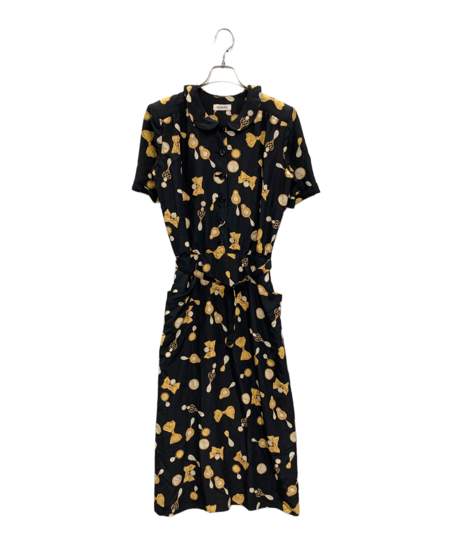 【試着のみ】インゲボルグ 黒 ドットカメリアリボン柄 ポリ ワンピース 試着のみ】インゲボルグ 黒 ドットカメリアリボン柄 ポリ