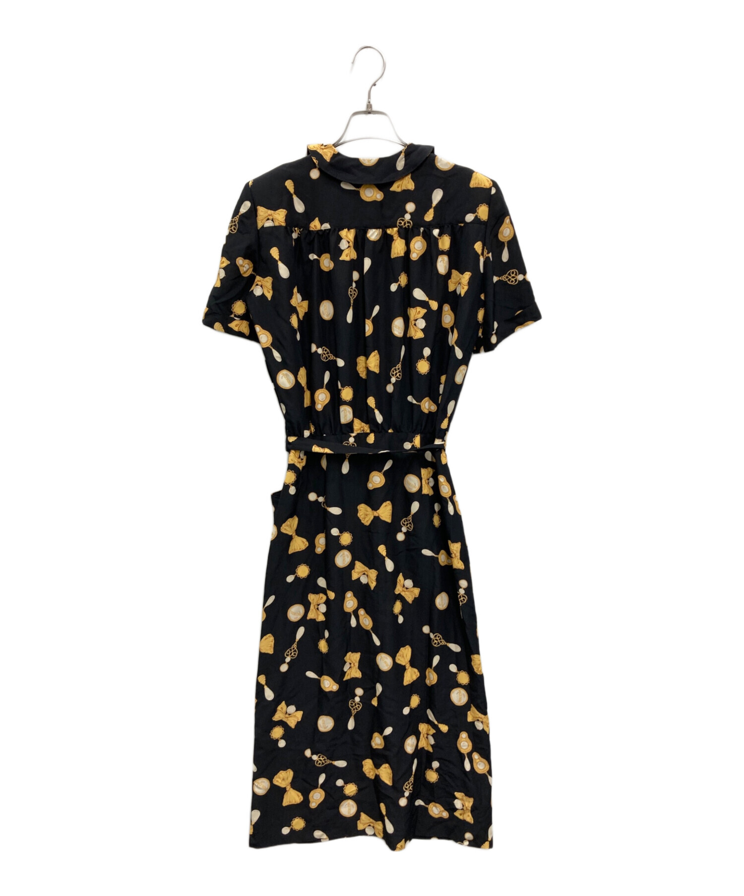 【中古】インゲボルグ INGEBORG すずらん ブーケ プリント ワンピース 黒 ブラック ベロアリボン ピコットレース 中古・古着通販】INGEBORG (インゲボルグ) ［古着］パールリボン柄