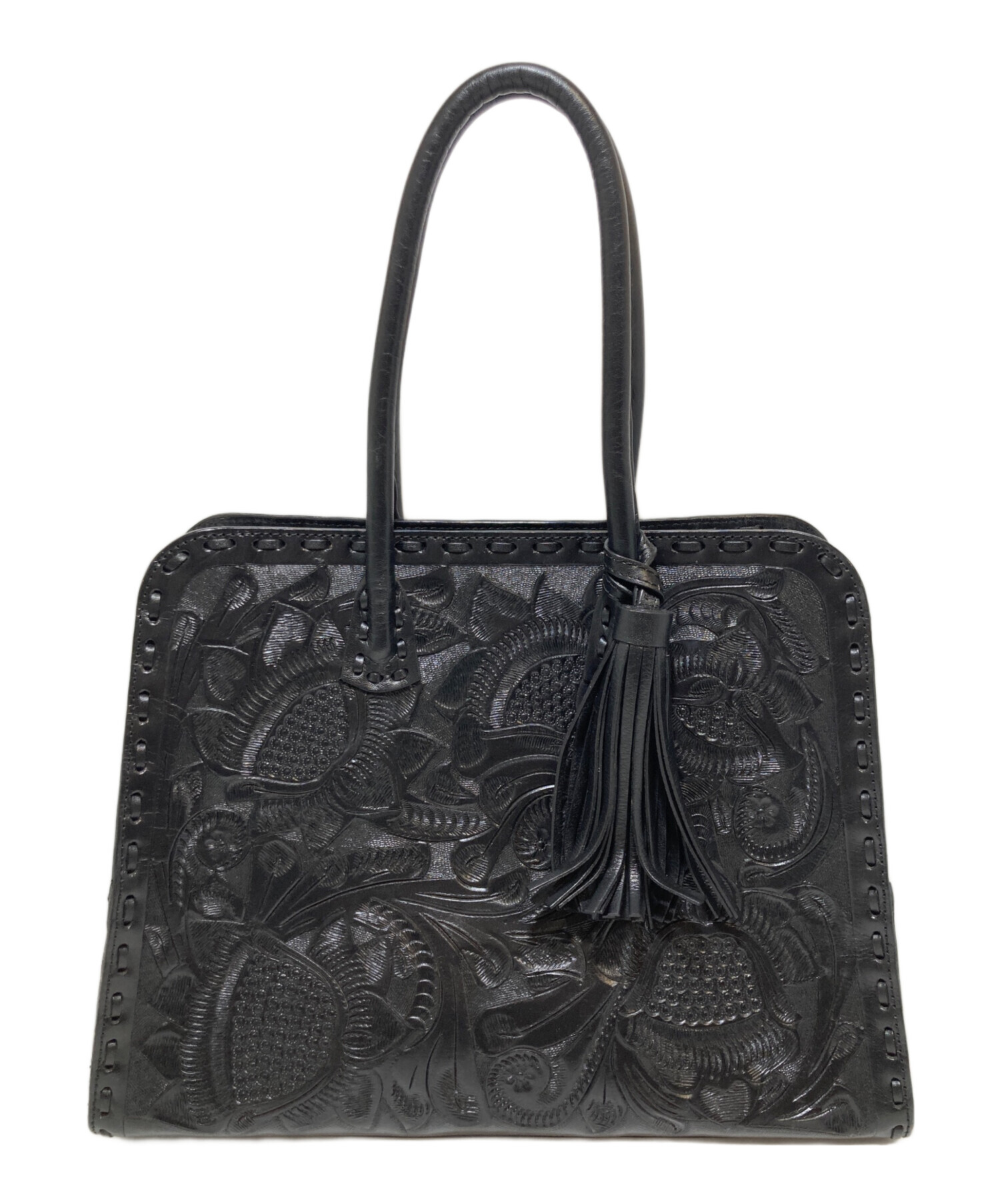 【新品・タグ付】CARVING TRIBES＊カービングバスケット＊牛革×籐＊黒 中古・古着通販】CARVING TRIBES (カービングトライブス) ハンドバッグ