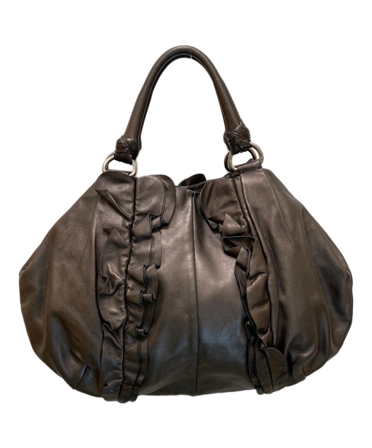 中古・古着通販】PRADA (プラダ) フリルレザーハンドバッグ ブラウン 