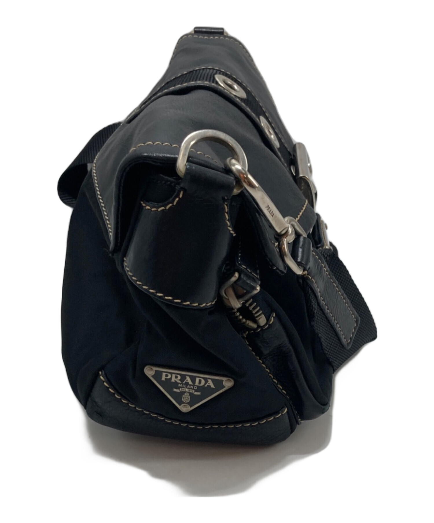 PRADA プラダ ナイロン×レザー切替 ワンショルダーバッグ 黒 中古・古着通販】PRADA (プラダ) レザー切替ワンショルダーバッグ