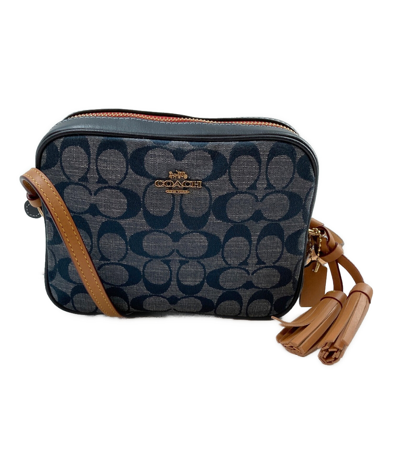 美品！COACH ネイビー デニム ショルダーバッグ 中古・古着通販】COACH (コーチ) シグネチャー ミニカメラ デニム