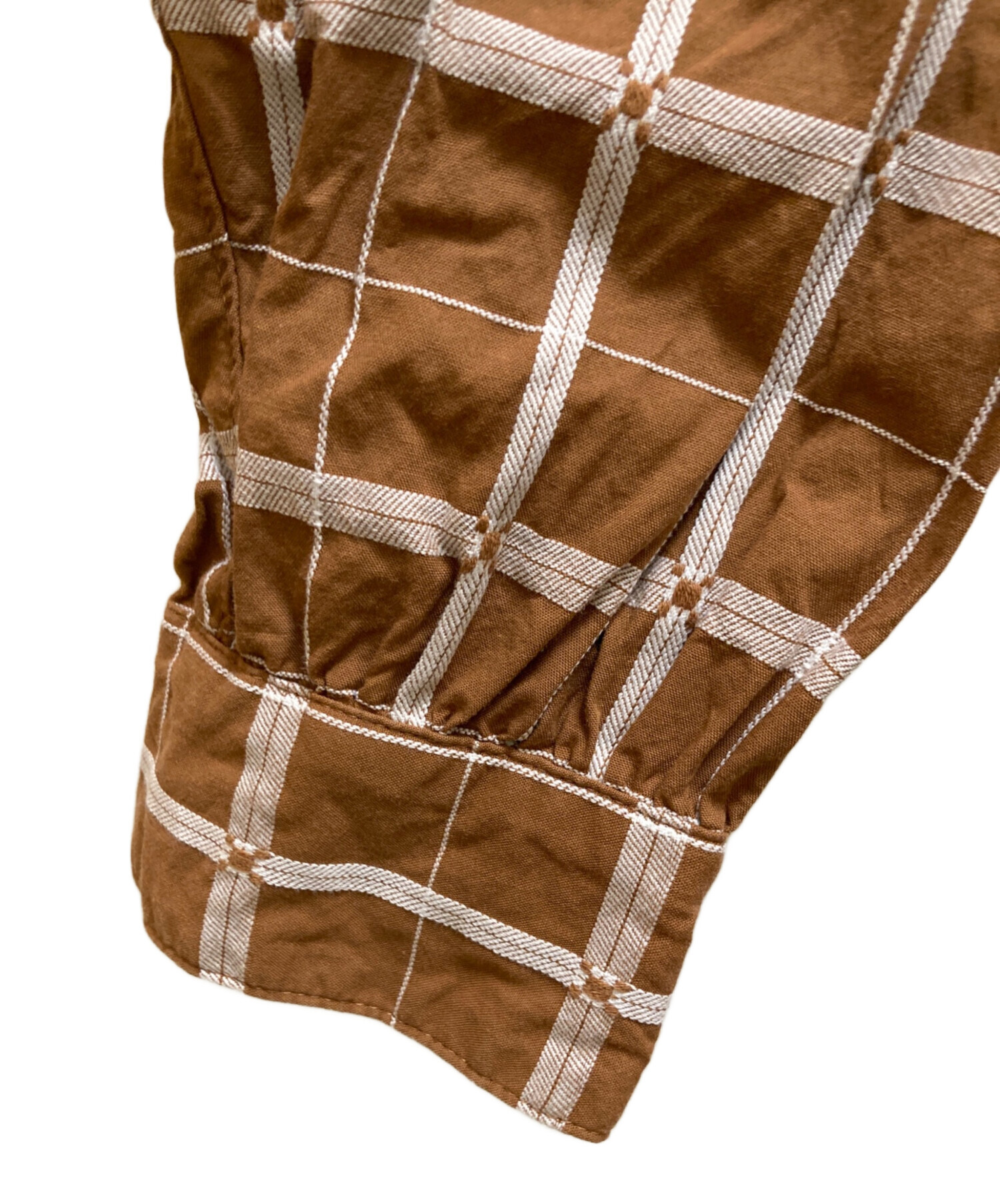 イチアンティークス　チェックシャツ　リネン　ブラウン　ブロックチェック イチアンティークス チェックシャツ リネン ブラウン ブロックチェック