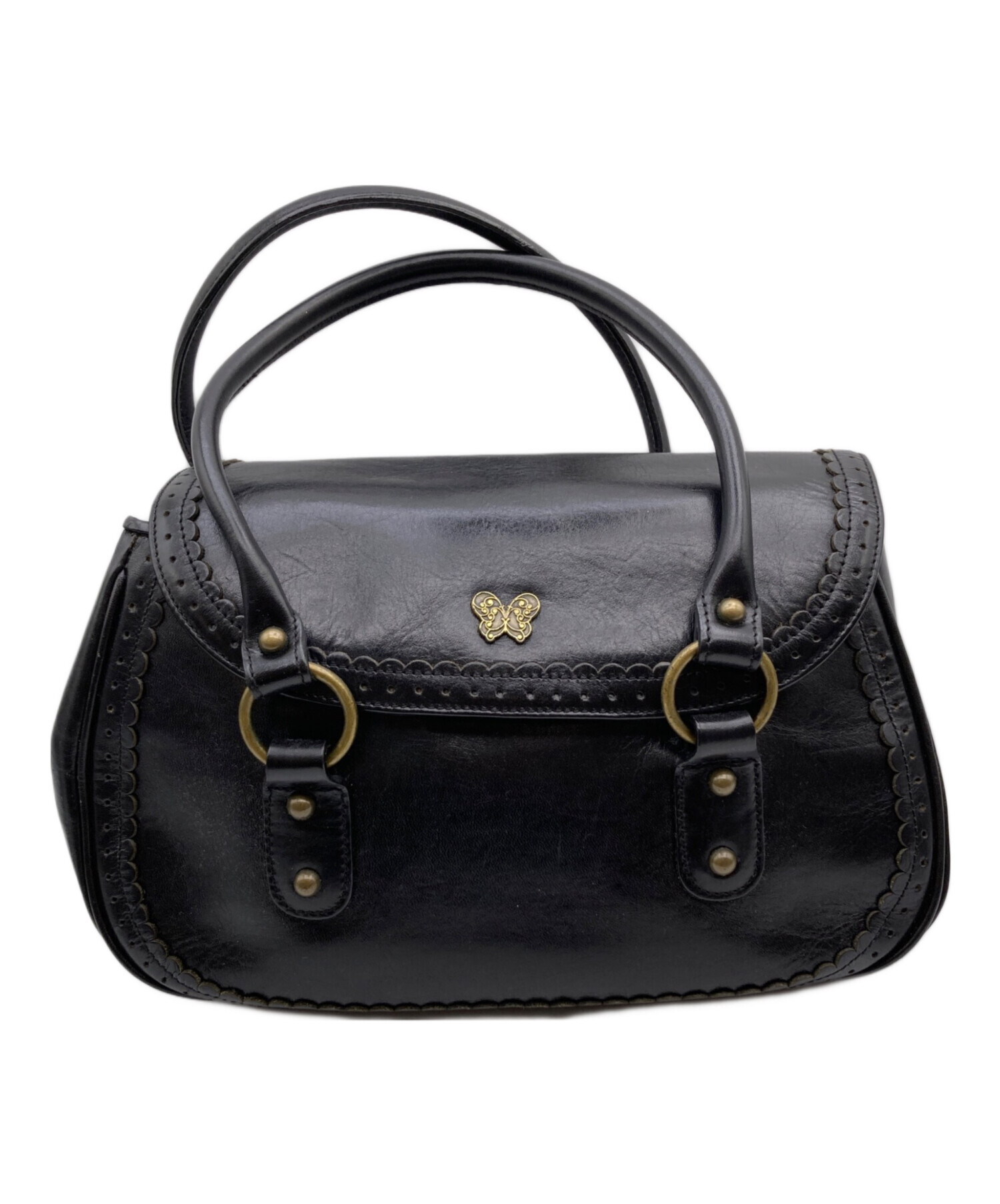 中古・古着通販】ANNA SUI (アナスイ) レザーハンドバッグ ブラック