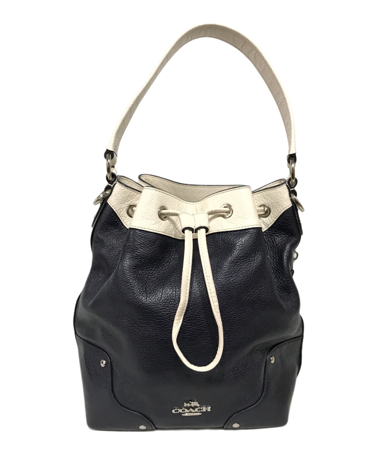 中古・古着通販】COACH (コーチ) 巾着ハンドバッグ ネイビー×ホワイト 