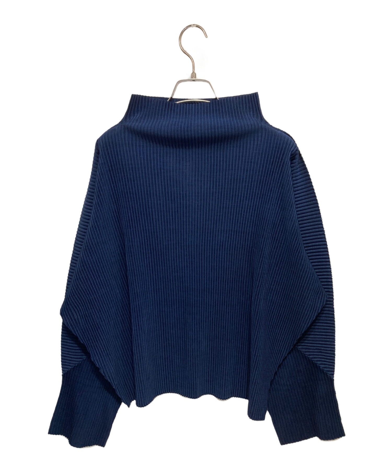 【中古】ミーイッセイミヤケ カットソー ブラウス ハイネック 七分袖 ボックスプリーツ 総柄 紺 グレー レディース 中古・古着通販】me ISSEY MIYAKE (ミーイッセイ ミヤケ) ハイネック