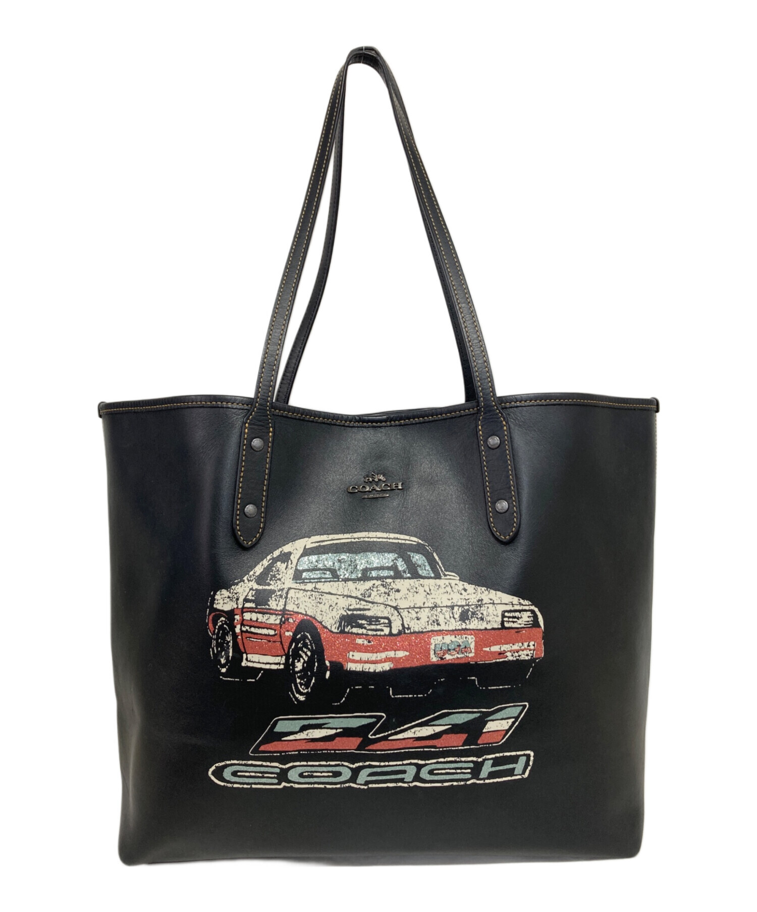 中古・古着通販】COACH (コーチ) プリントレザートートバッグ ブラック