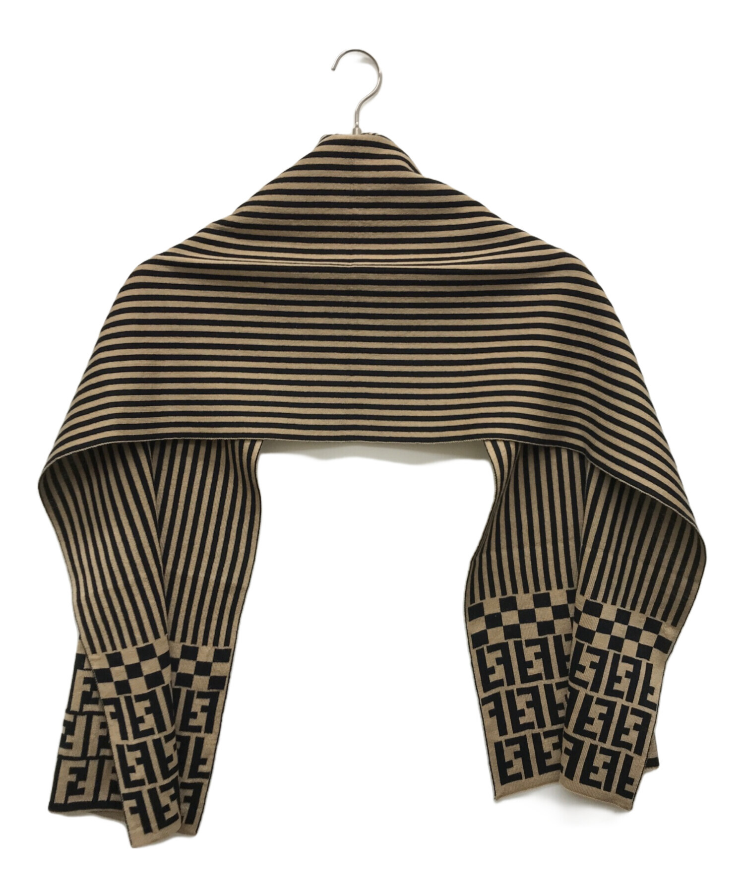 フェンディ マフラー ズッカ柄 ストライプ ロゴ入り ブラウン ウール