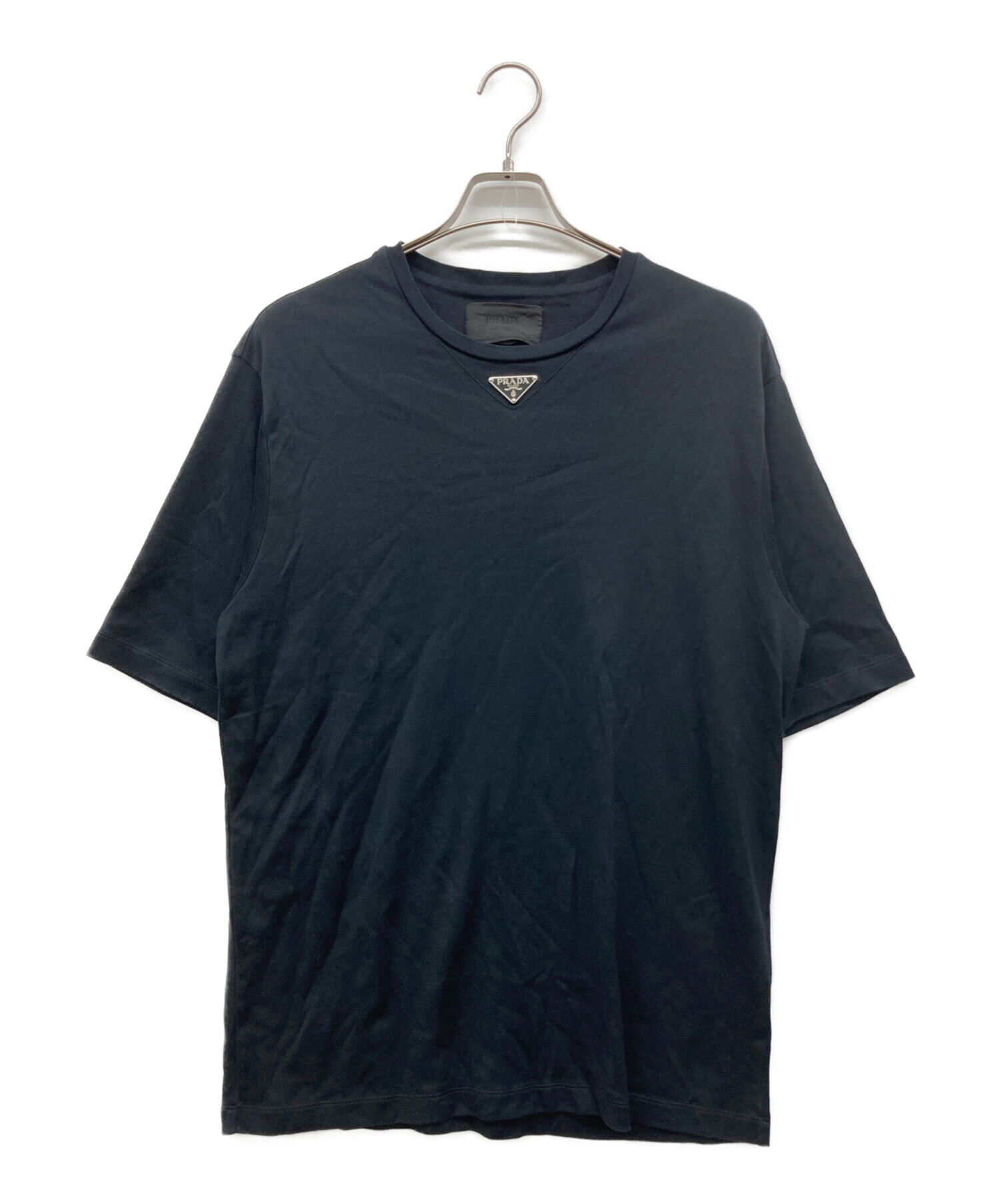 【値下げ可】PRADA トライアングルプレート ナイロン切替 Tシャツ　XL 紺 中古・古着通販】PRADA (プラダ) トライアングルロゴプレートTシャツ