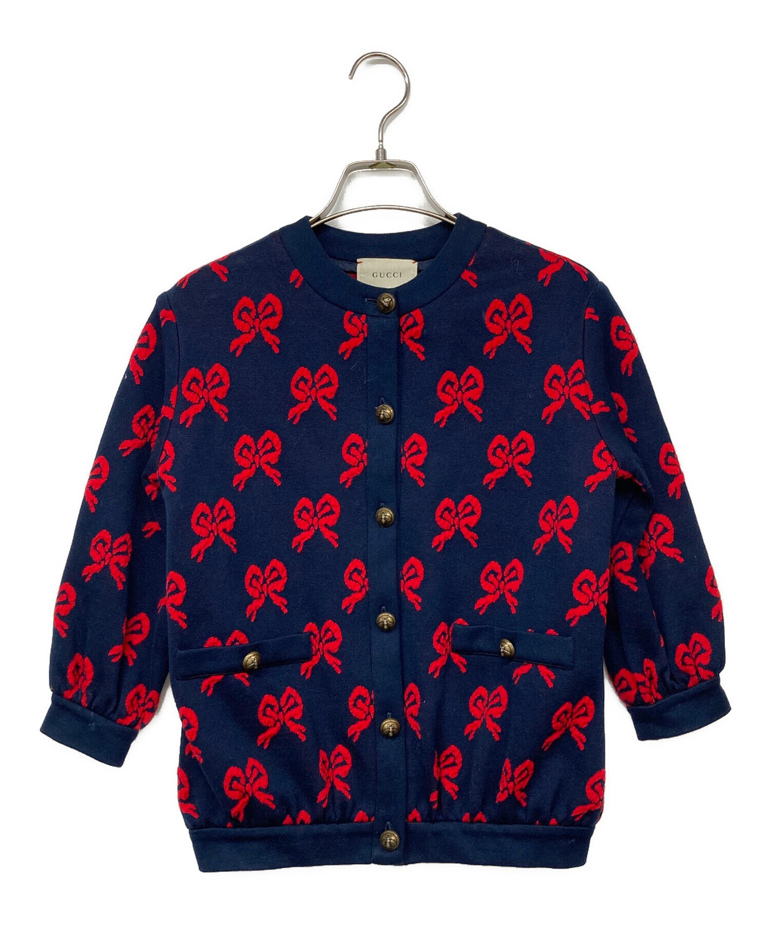GUCCI 刺繍入りカーディガン ネイビー/レッド 中古・古着通販】GUCCI (グッチ) リボンニットカーディガン レッド
