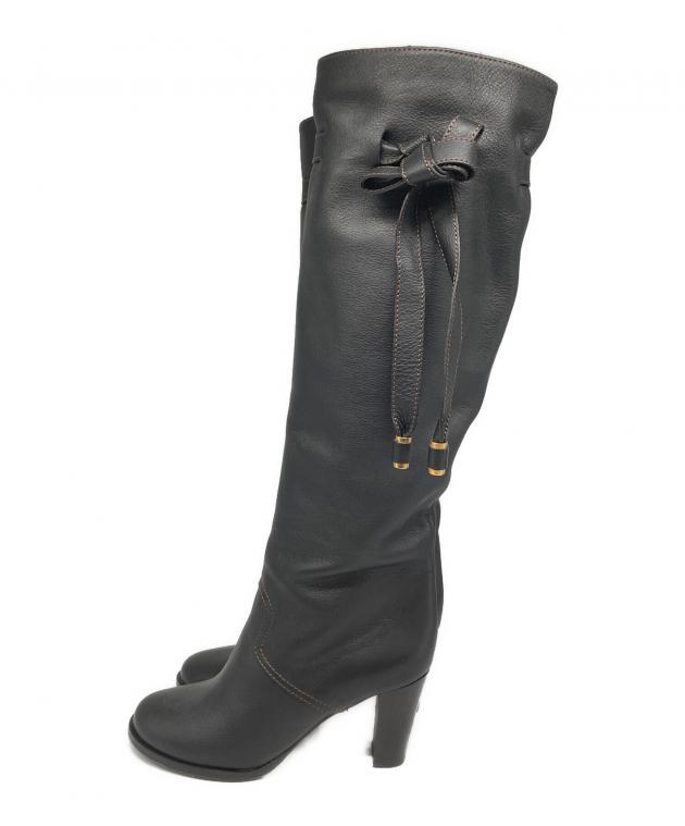 【新品】【限定】【極美品】クロエ　Chloe MALLO ロングブーツ 中古・古着通販】Chloe (クロエ) リボンデザインロングブーツ ブラック