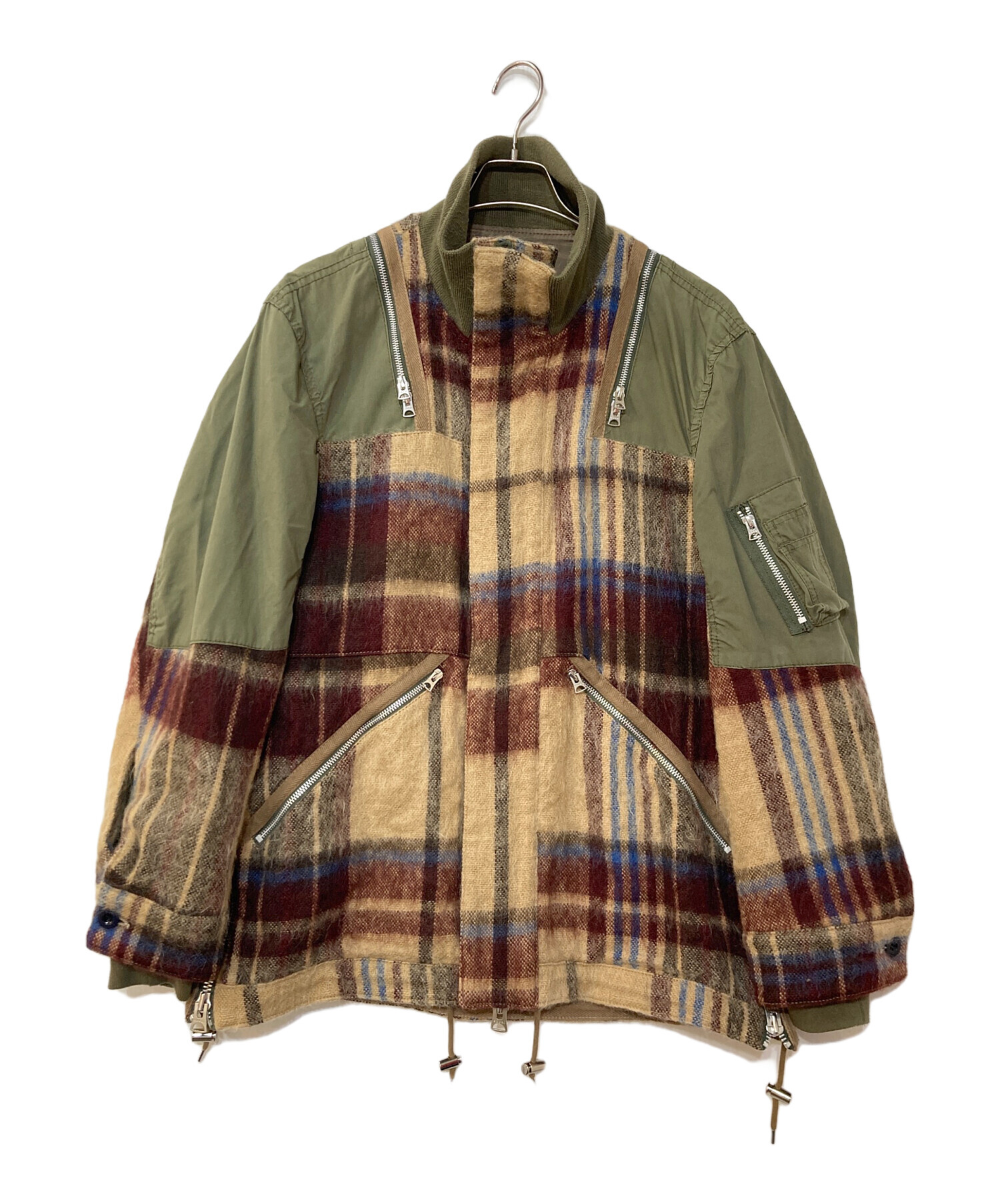 sacai サカイ ブラウンチェックコート ブルゾン アウター 中古・古着通販】sacai (サカイ) 異素材切替モヘアチェックブルゾン