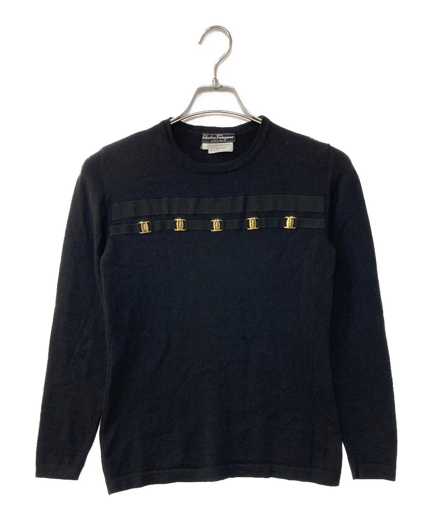 サルヴァトーレフェラガモ 長袖 黒ワンピース 金ボタン ウールニット　M 中古・古着通販】Salvatore Ferragamo (サルヴァトーレ フェラガモ
